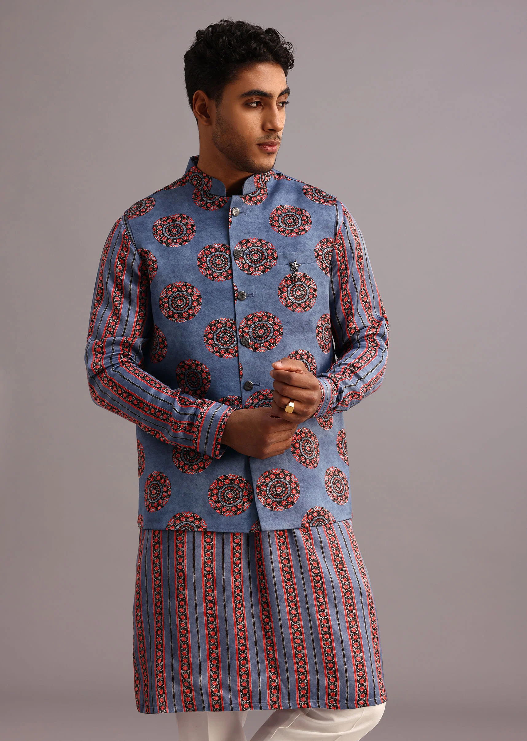 Blue Floral And Stripe Print Jacket Kurta Set In Silk - Image 4