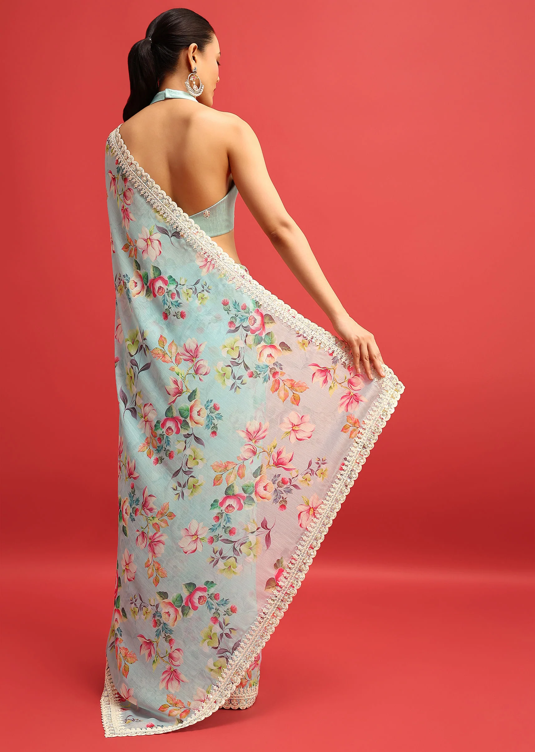 Blue Floral Embroidered Chiffon Saree With Embroidered Border And Unstitched Blouse - Image 4