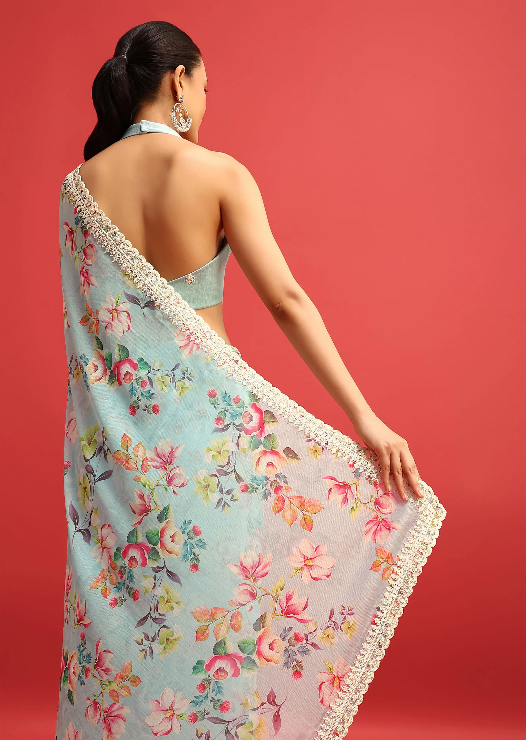 Blue Floral Embroidered Chiffon Saree With Embroidered Border And Unstitched Blouse - Image 6