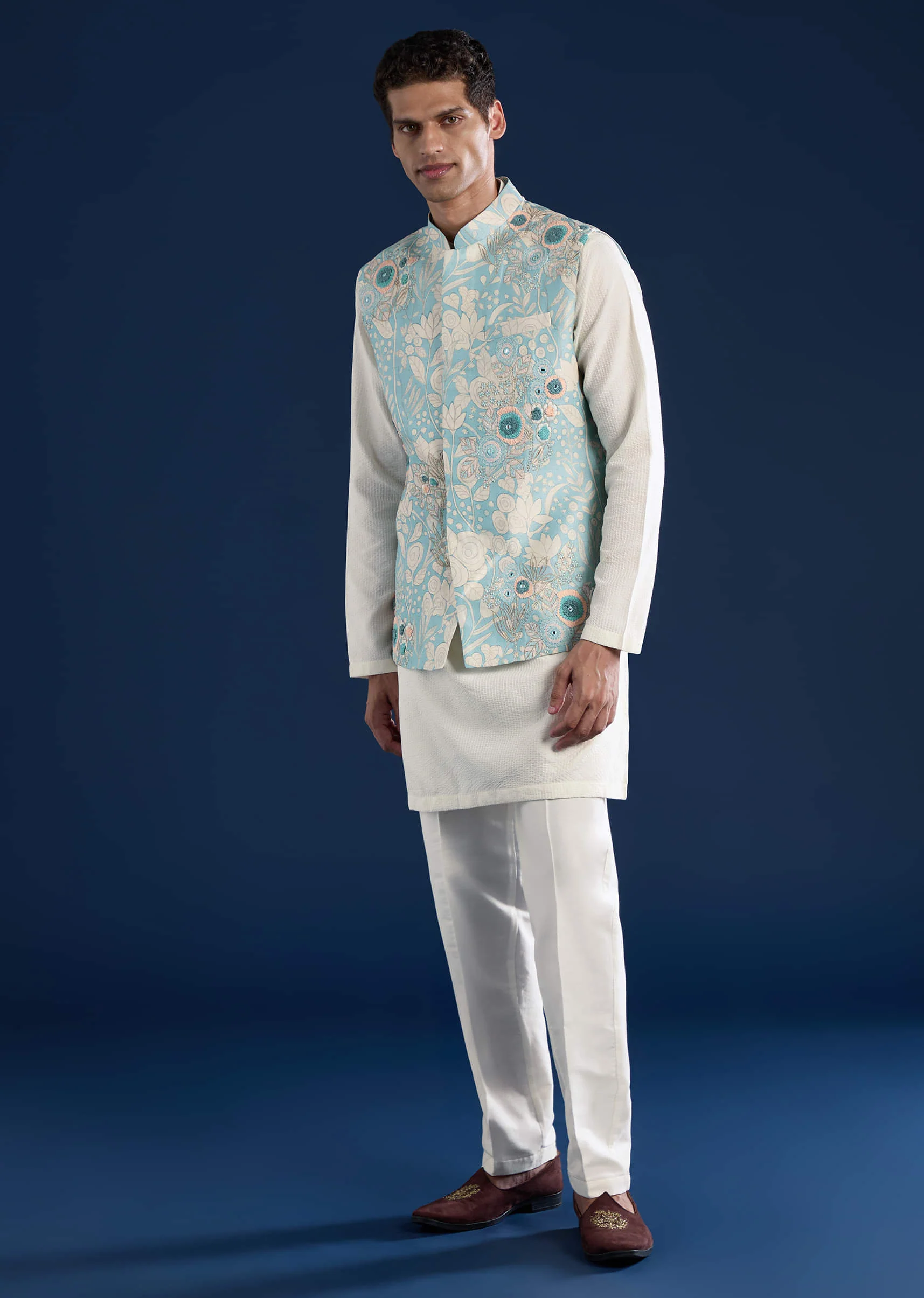 Blue Floral Print Silk Jacket Kurta Set - Image 3