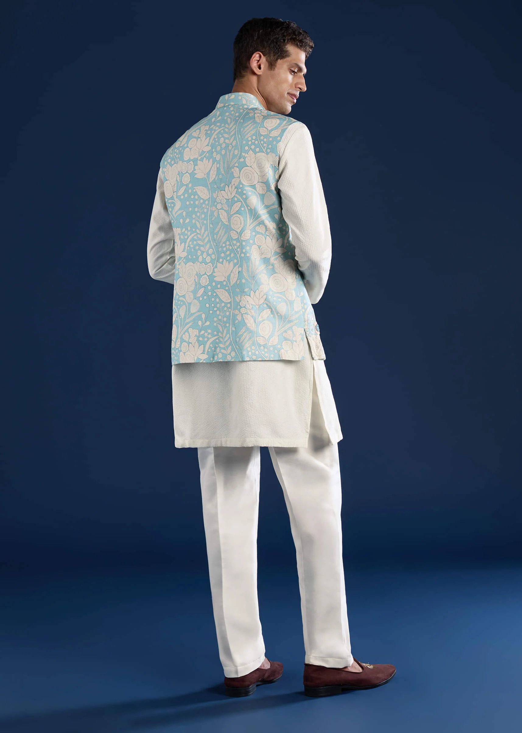 Blue Floral Print Silk Jacket Kurta Set - Image 5