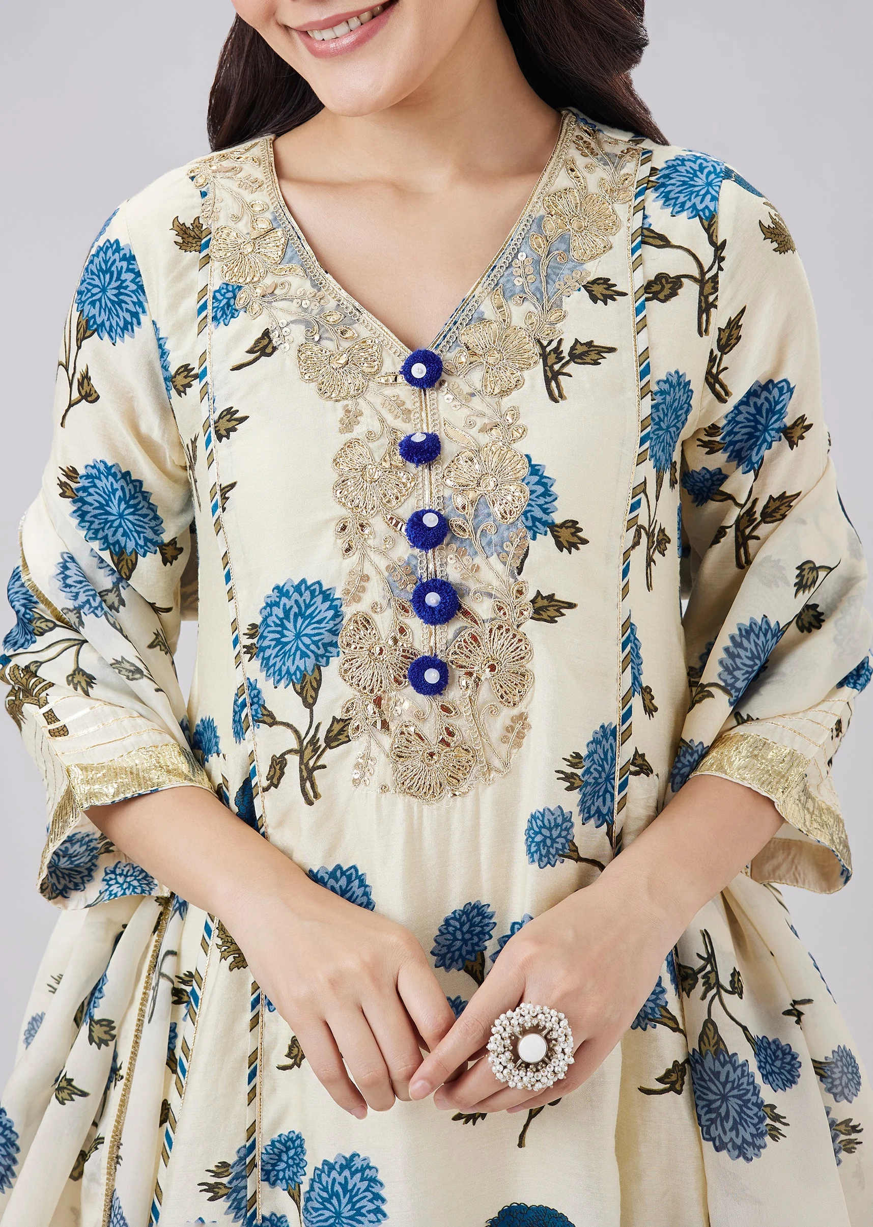 Blue Floral Printed Anarkali Set With Dupatta - Image 2