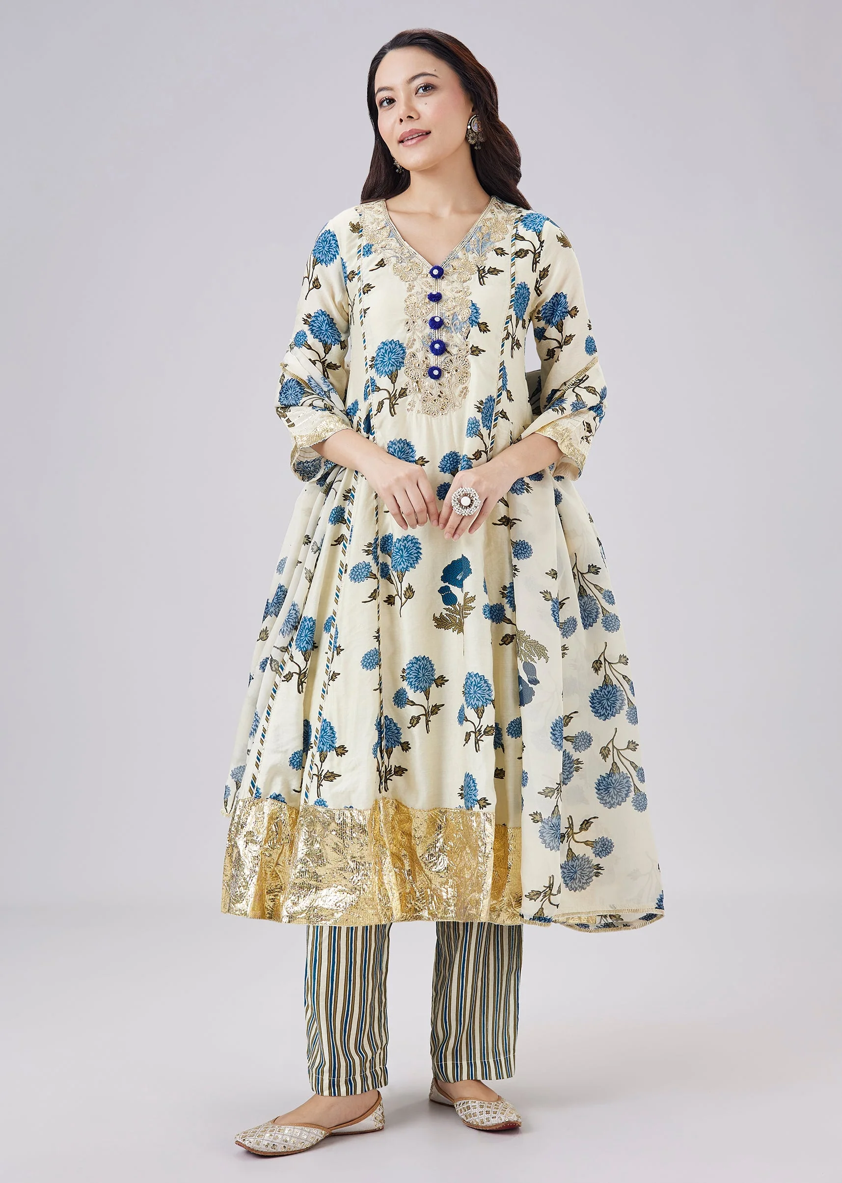 Blue Floral Printed Anarkali Set With Dupatta - Image 3