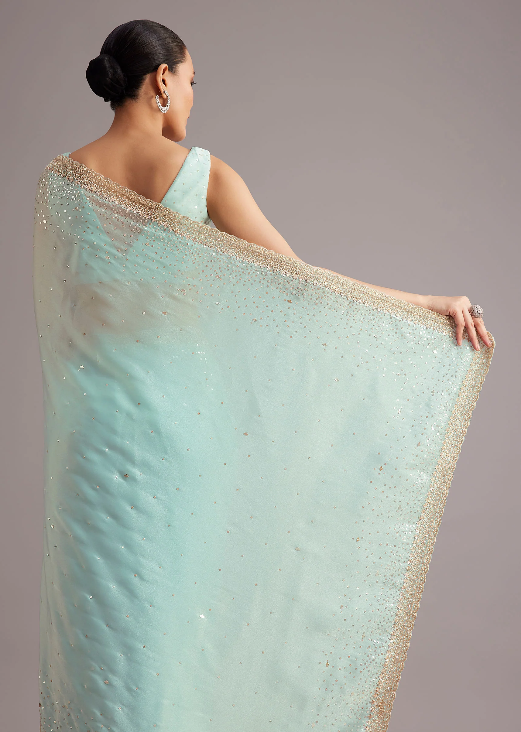 Blue Glass Tissue Saree With Cutdana Sequin And Beaded Embroidery - Image 6