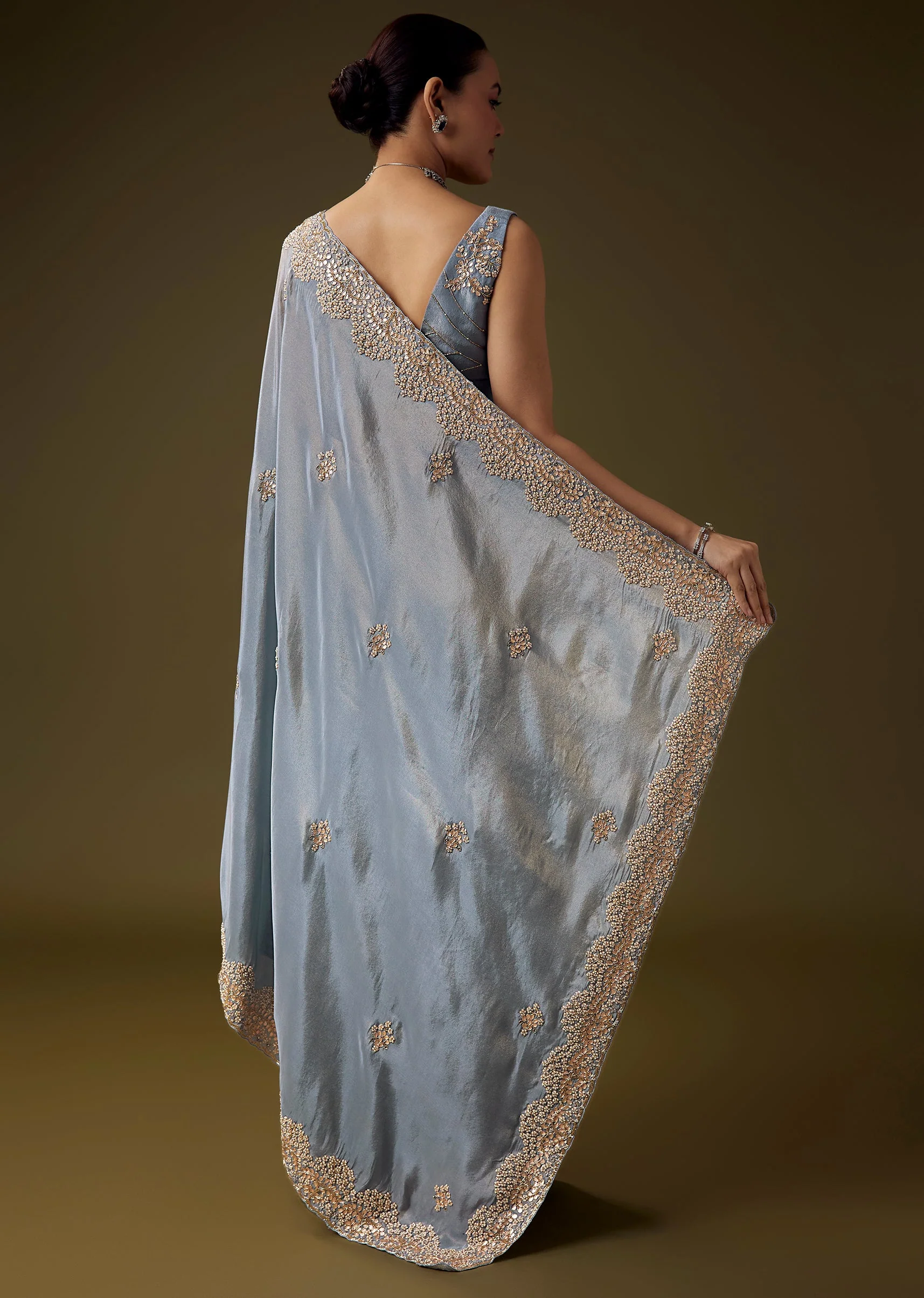 Blue Gota Embroidered Saree with Unstitched Blouse - Image 4