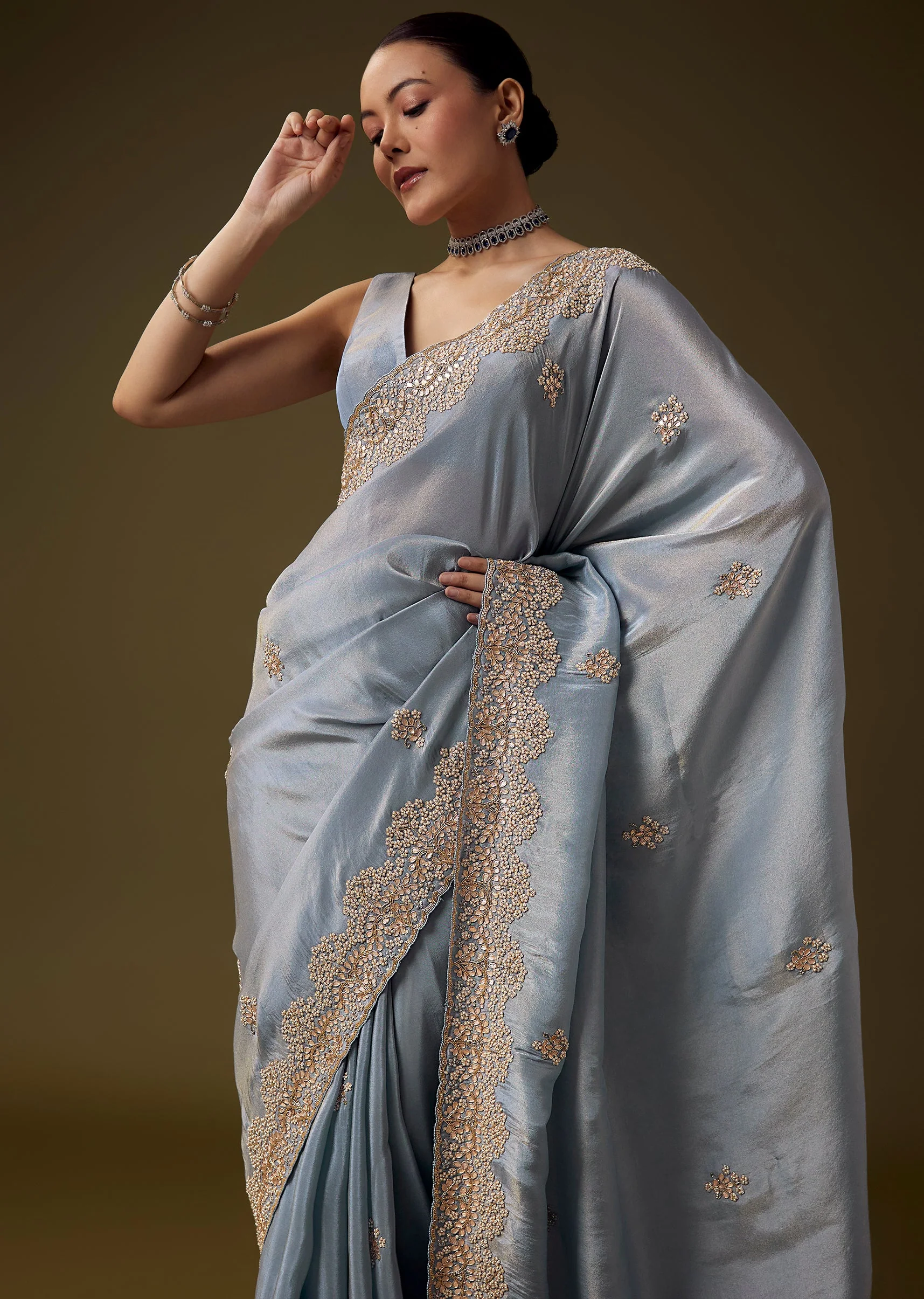 Blue Gota Embroidered Saree with Unstitched Blouse - Image 5