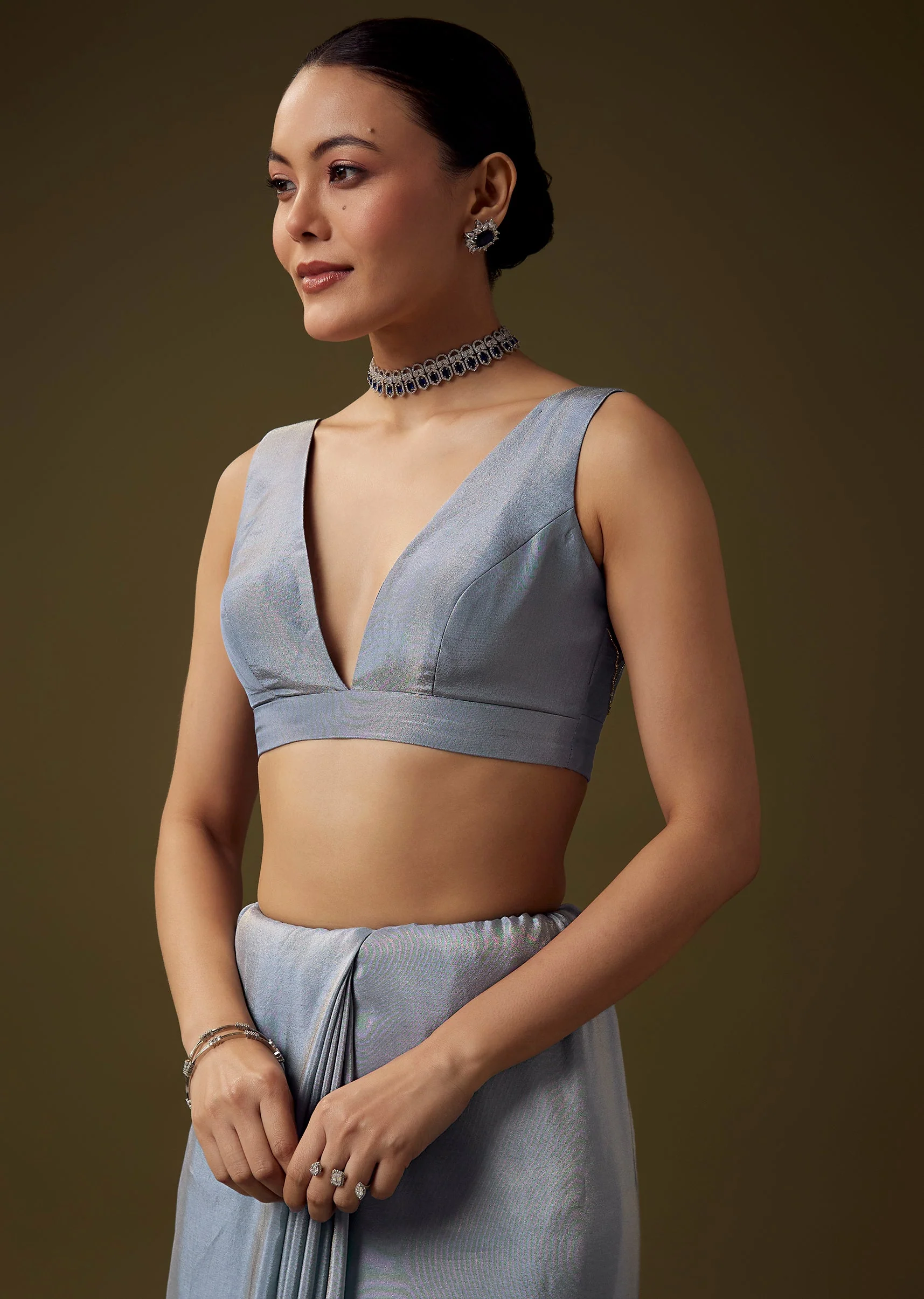 Blue Gota Embroidered Saree with Unstitched Blouse - Image 7