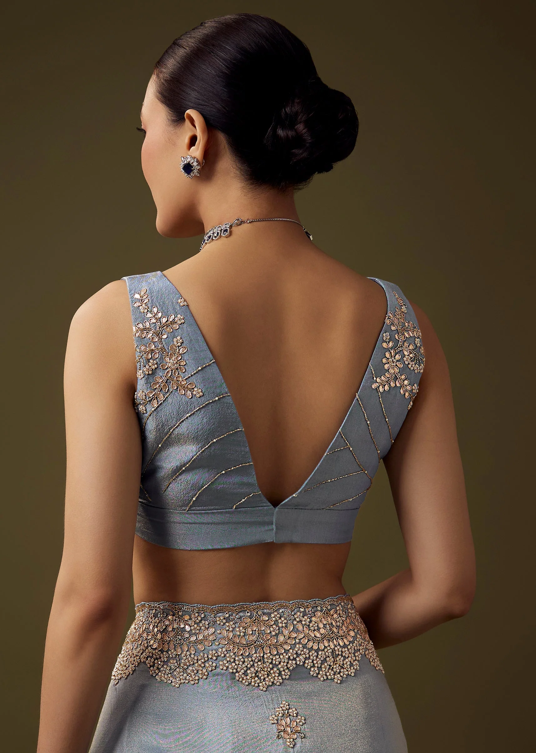 Blue Gota Embroidered Saree with Unstitched Blouse - Image 8