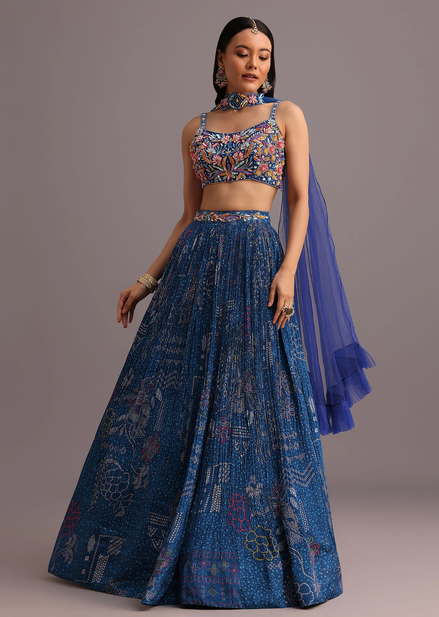 Blue Hand Embroidered Choli With Bandhani Print Lehenga And Choker Net Dupatta - Image 3