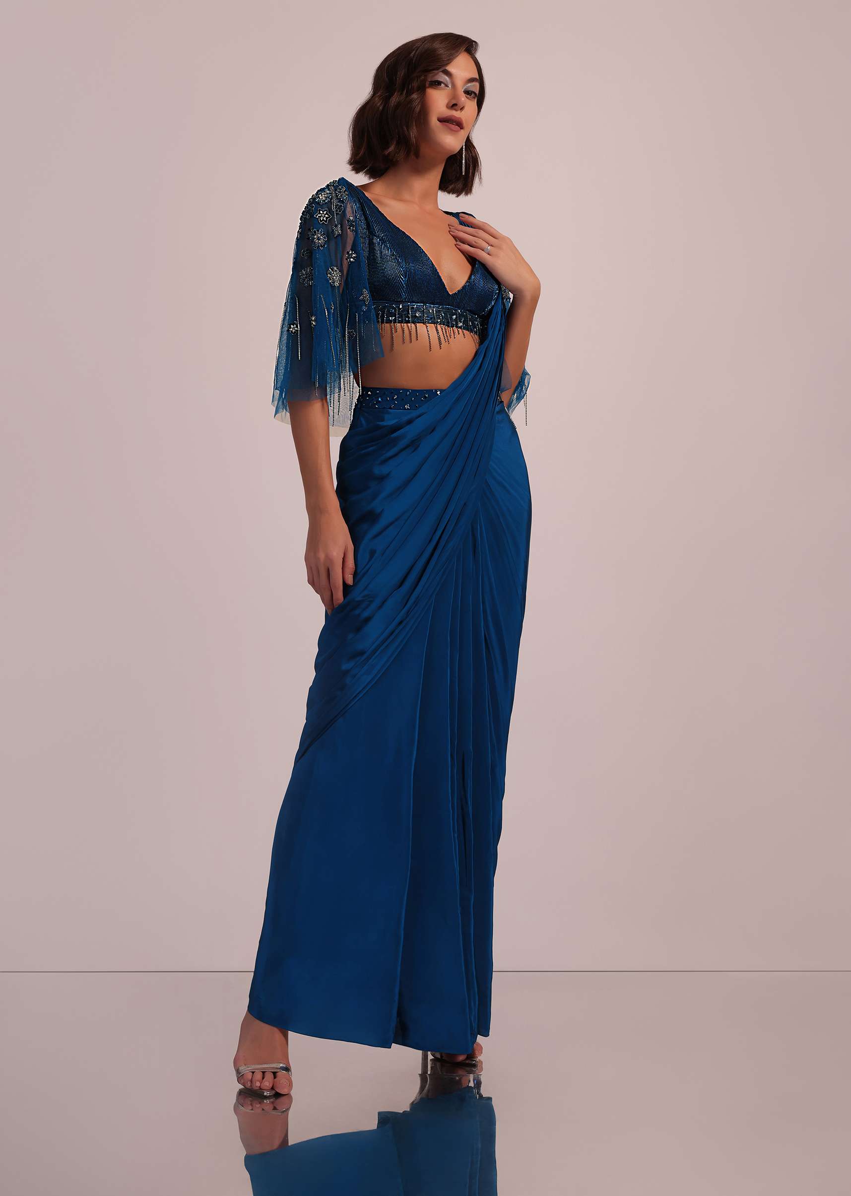 Blue Hand Embroidered Ready Pleated Saree And Blouse In Crepe - Image 3