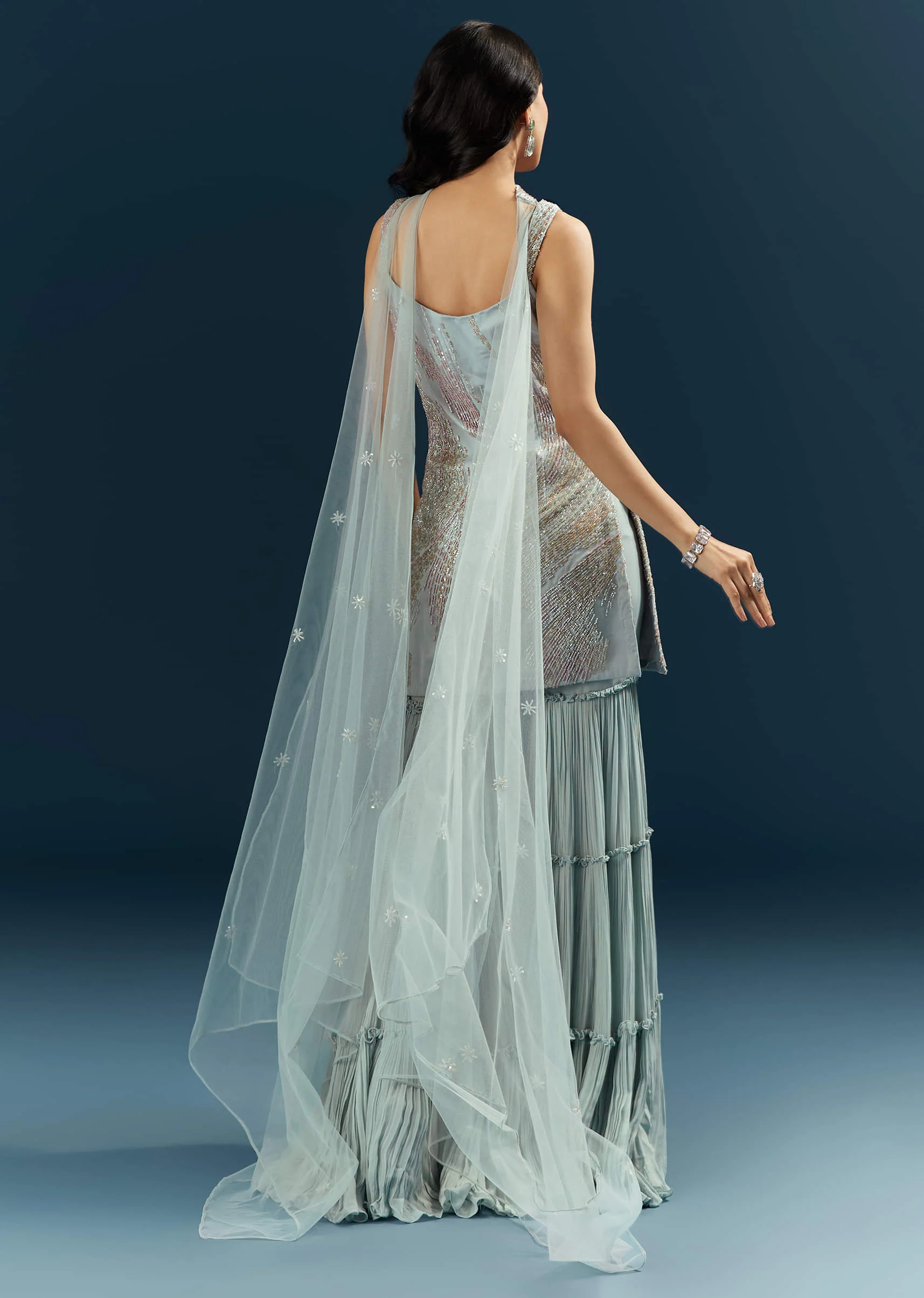 Blue Imported Net Sharara Suit With Cutdana Embroidery - Image 2