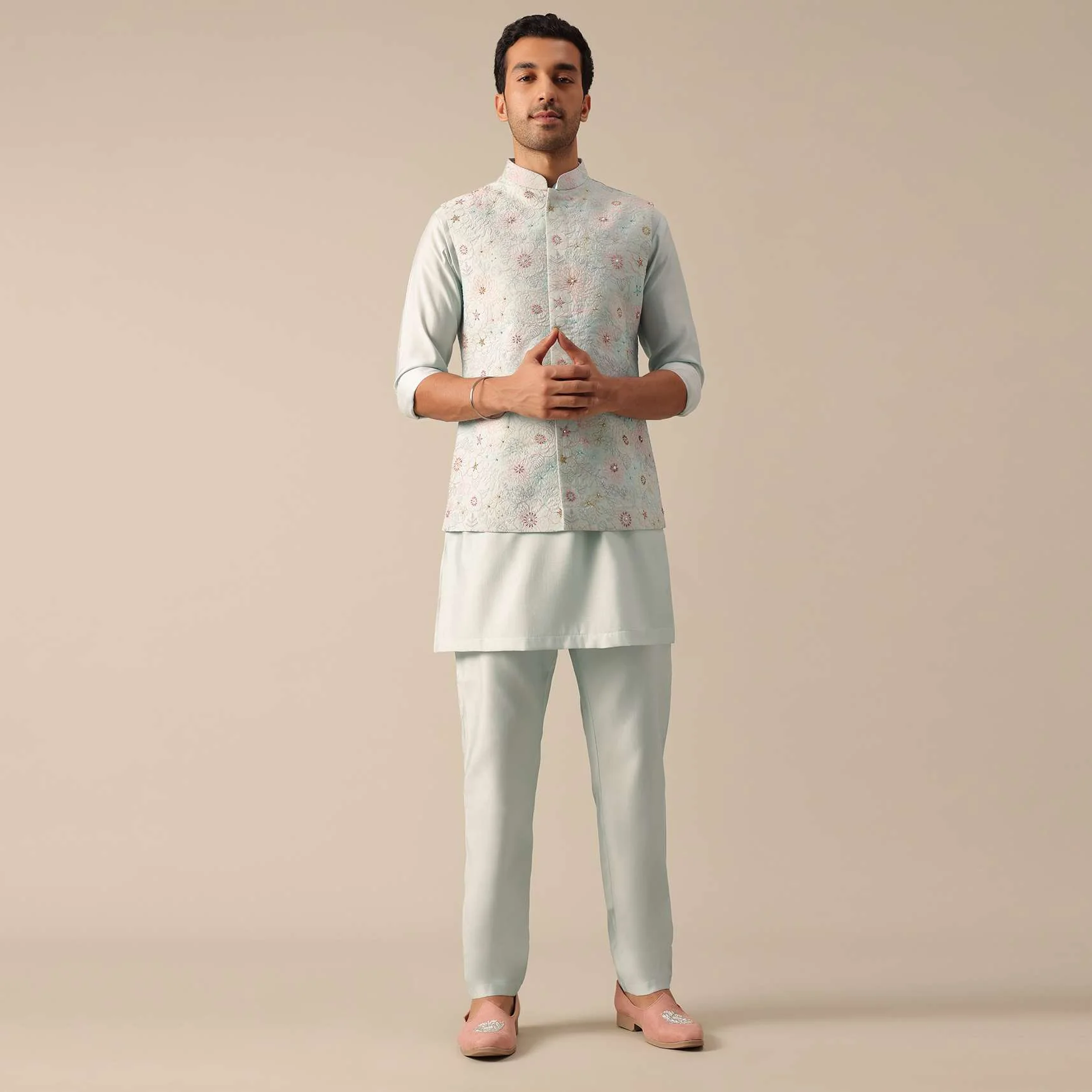 Blue Jacket Kurta Set With Floral Motif Embroidery - Image 12