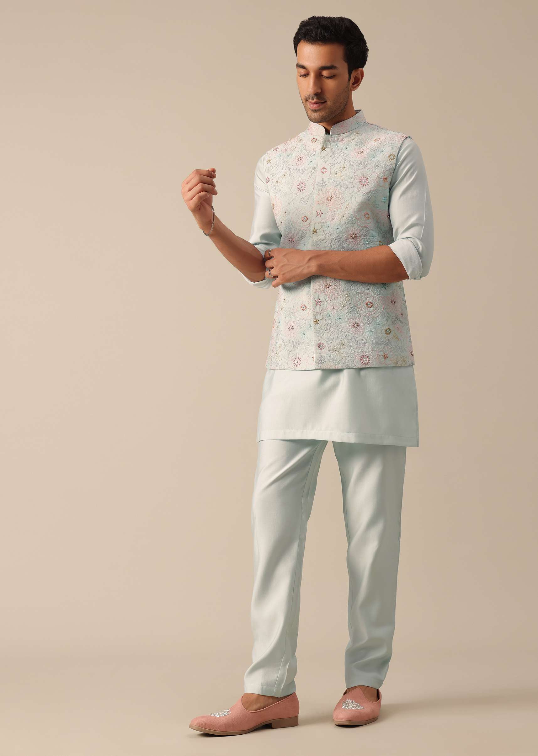 Blue Jacket Kurta Set With Floral Motif Embroidery - Image 3