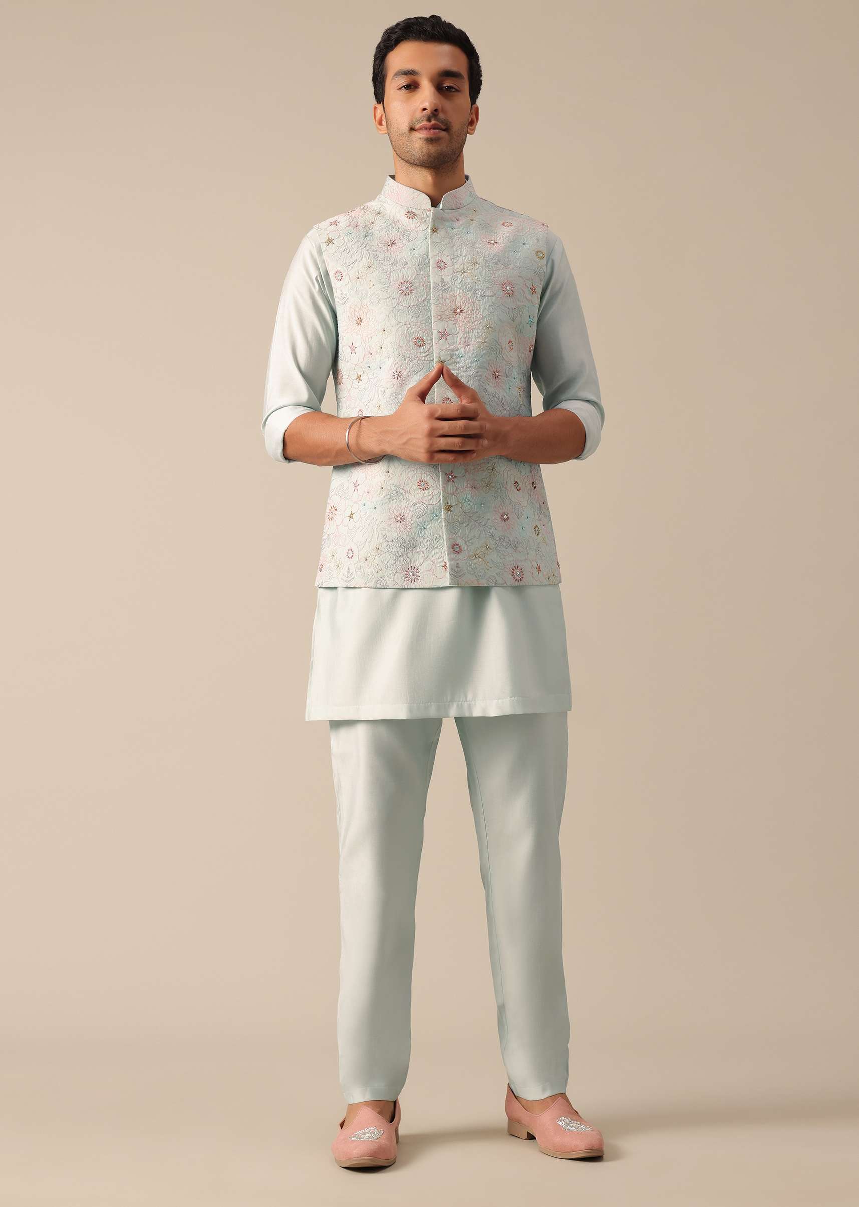 Blue Jacket Kurta Set With Floral Motif Embroidery - Image 7