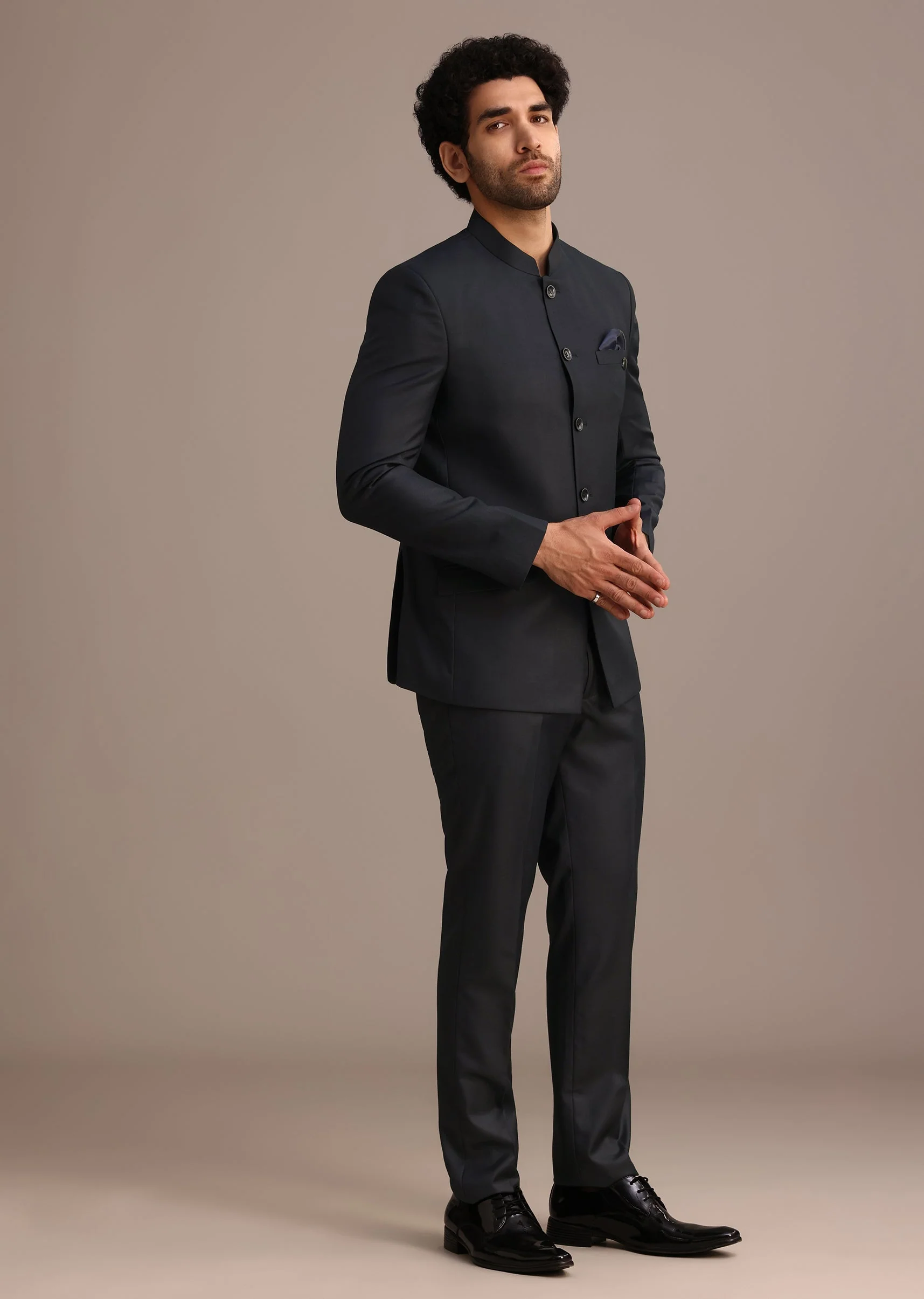 Blue Jodhpuri And Pant Set With Pocket Square - Image 3