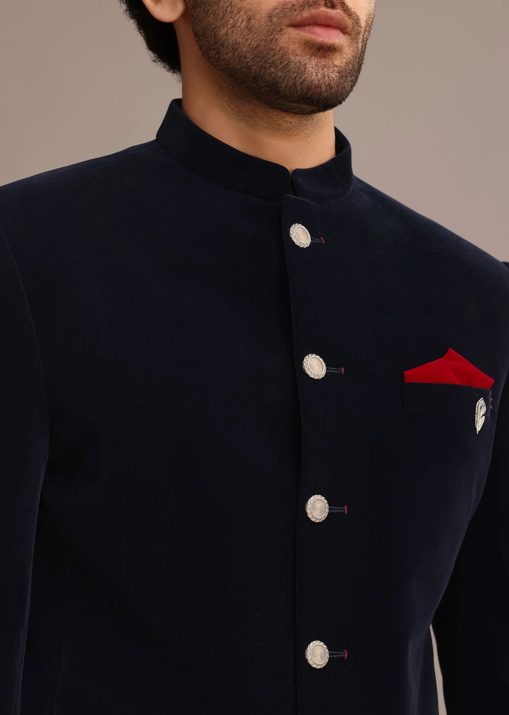 Blue Jodhpuri Suit In Velvet With Pocket Square - Image 2