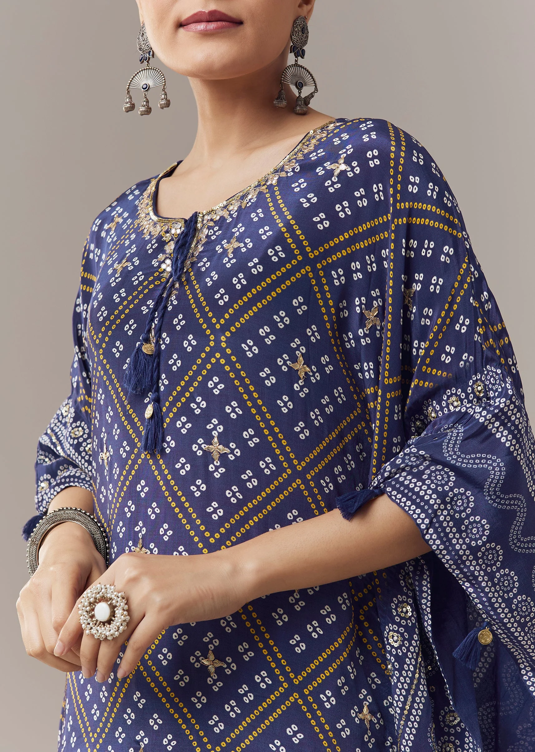 Blue Kaftan Kurti In Bandhani Print With Gotta Work - Image 2