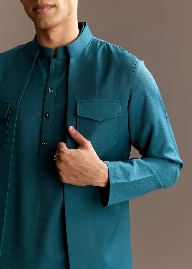 Blue Kurta Jacket Set With Palazzo Pants - Image 3