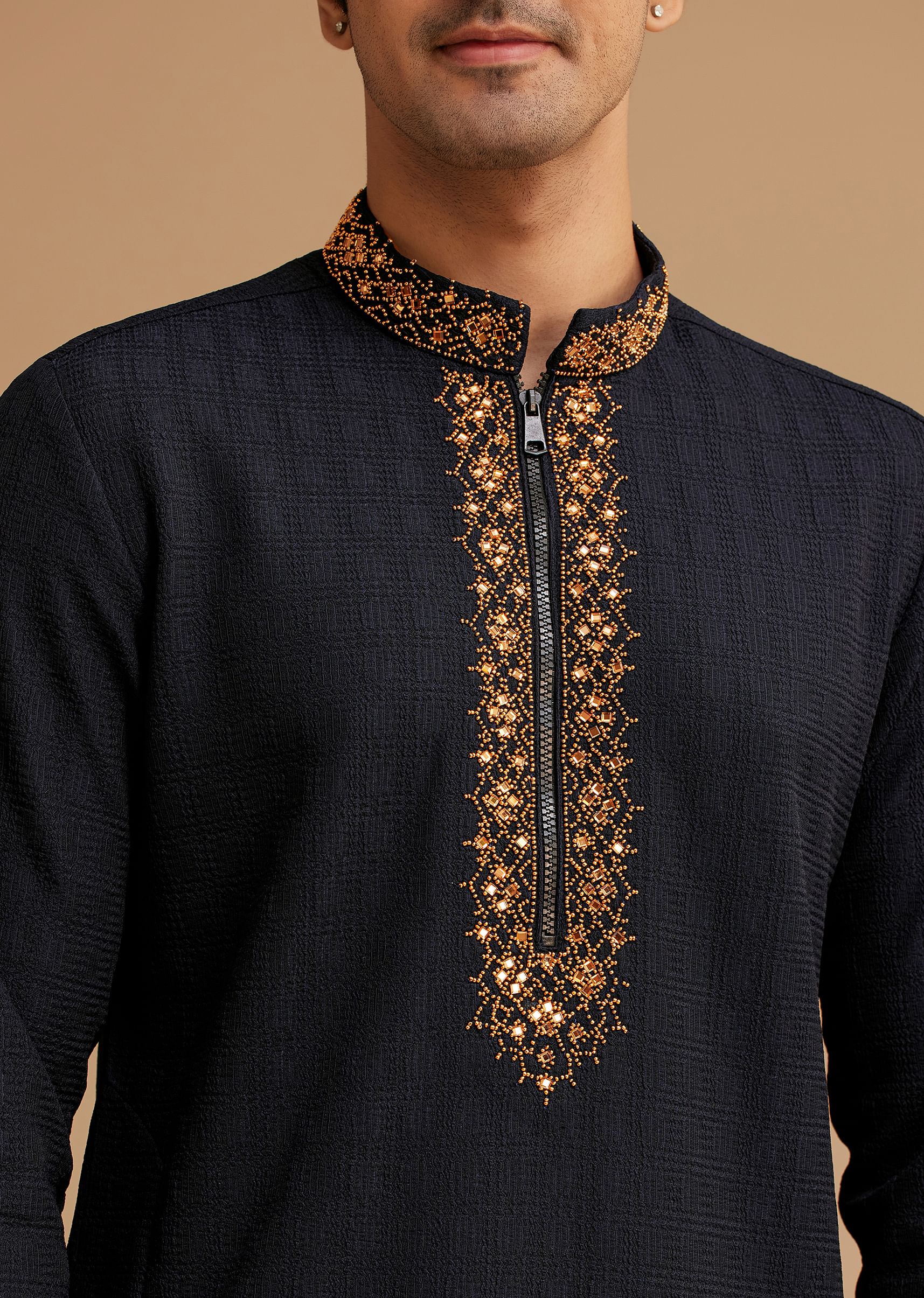 Blue Kurta Set With Moti And Mirror Embroidery - Image 2
