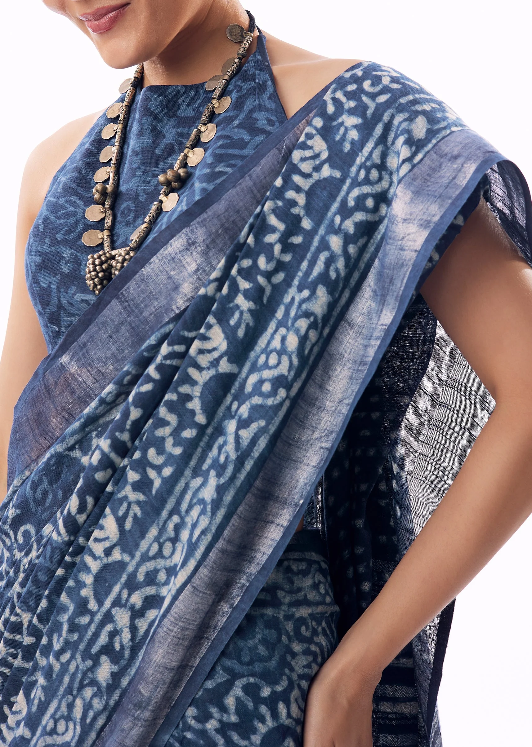 Blue Linen Handblock Printed Saree With Chanderi Border - Image 2