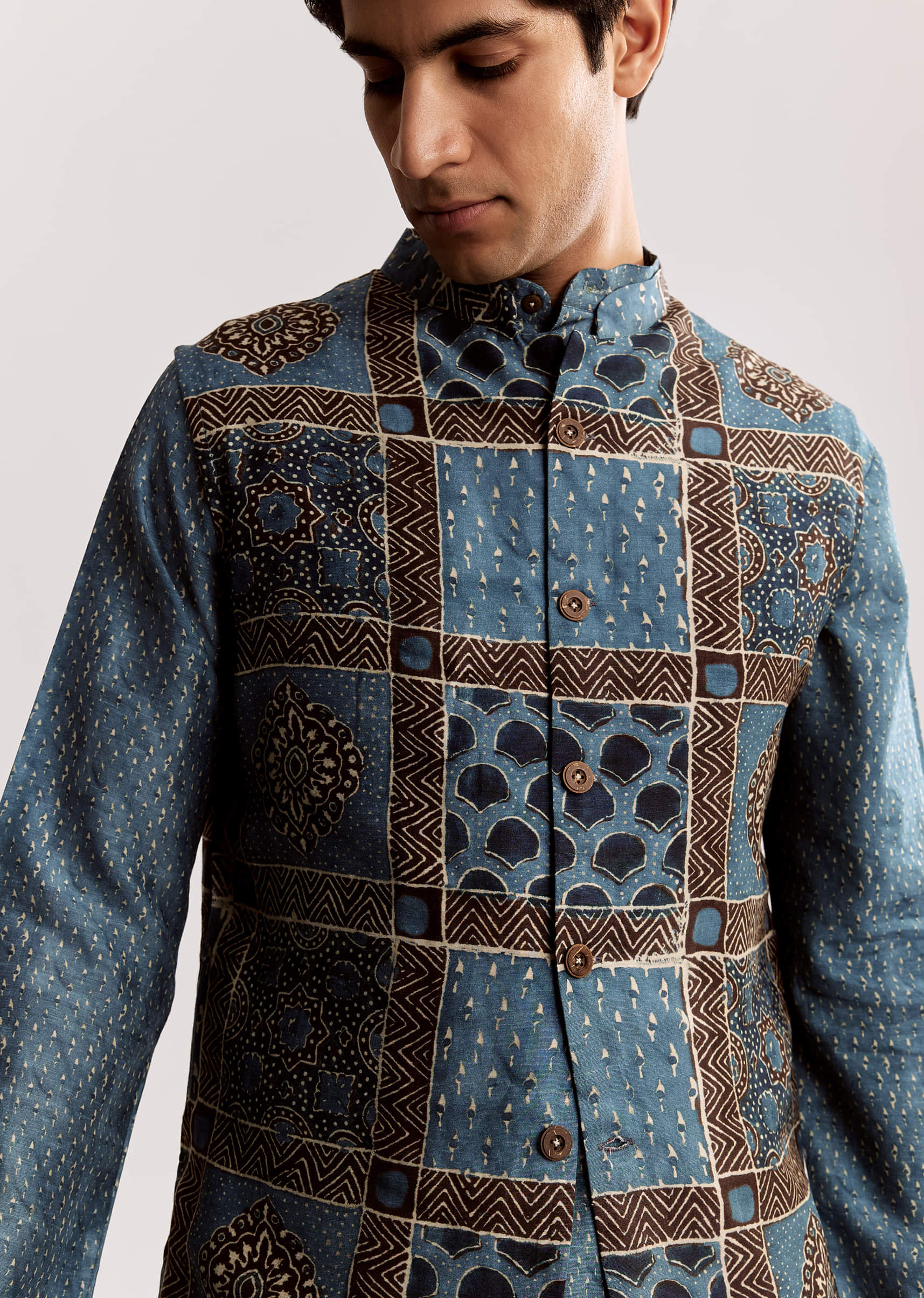Blue Linen Kurta Jacket Set With Ajrakh Print - Image 3