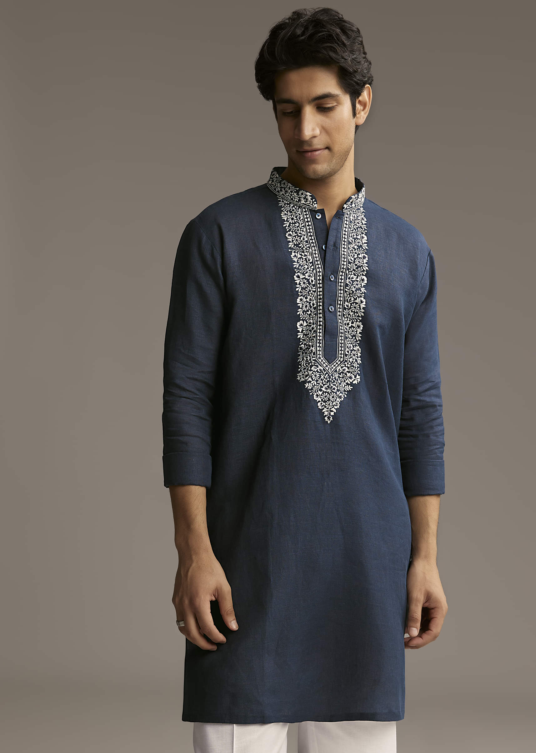 Blue Linen Kurta Set For Men With Thread And Resham Embroidery - Image 4