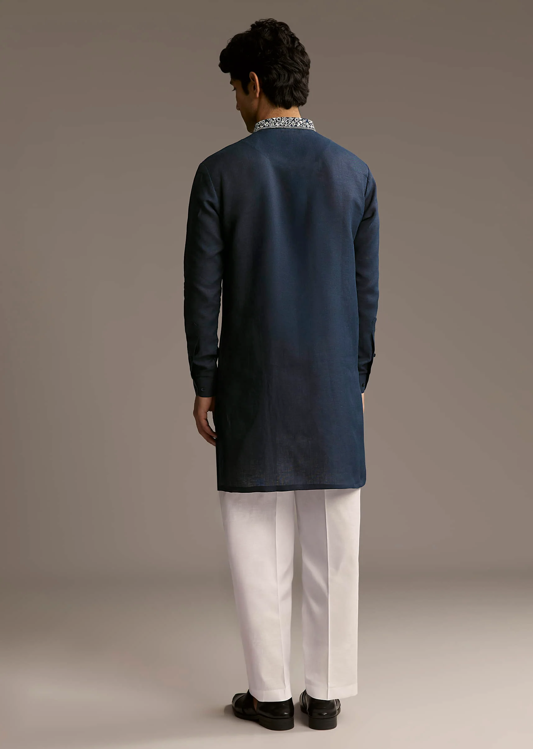 Blue Linen Kurta Set For Men With Thread And Resham Embroidery - Image 5