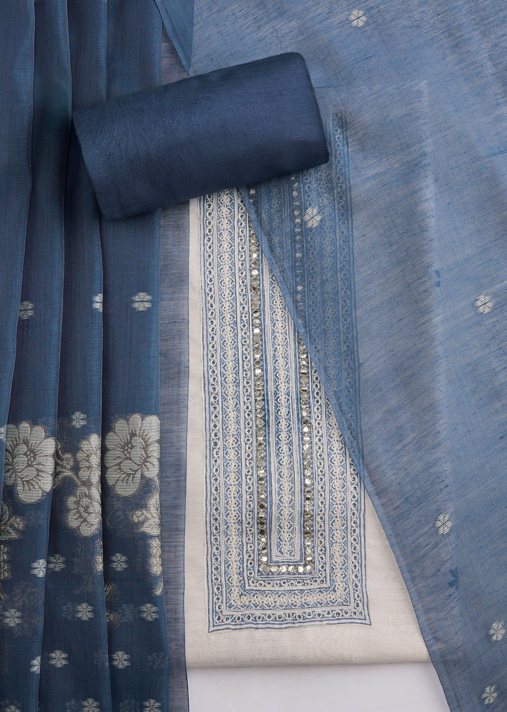 Blue Linen Printed Unstitched Suit Set With Dupatta