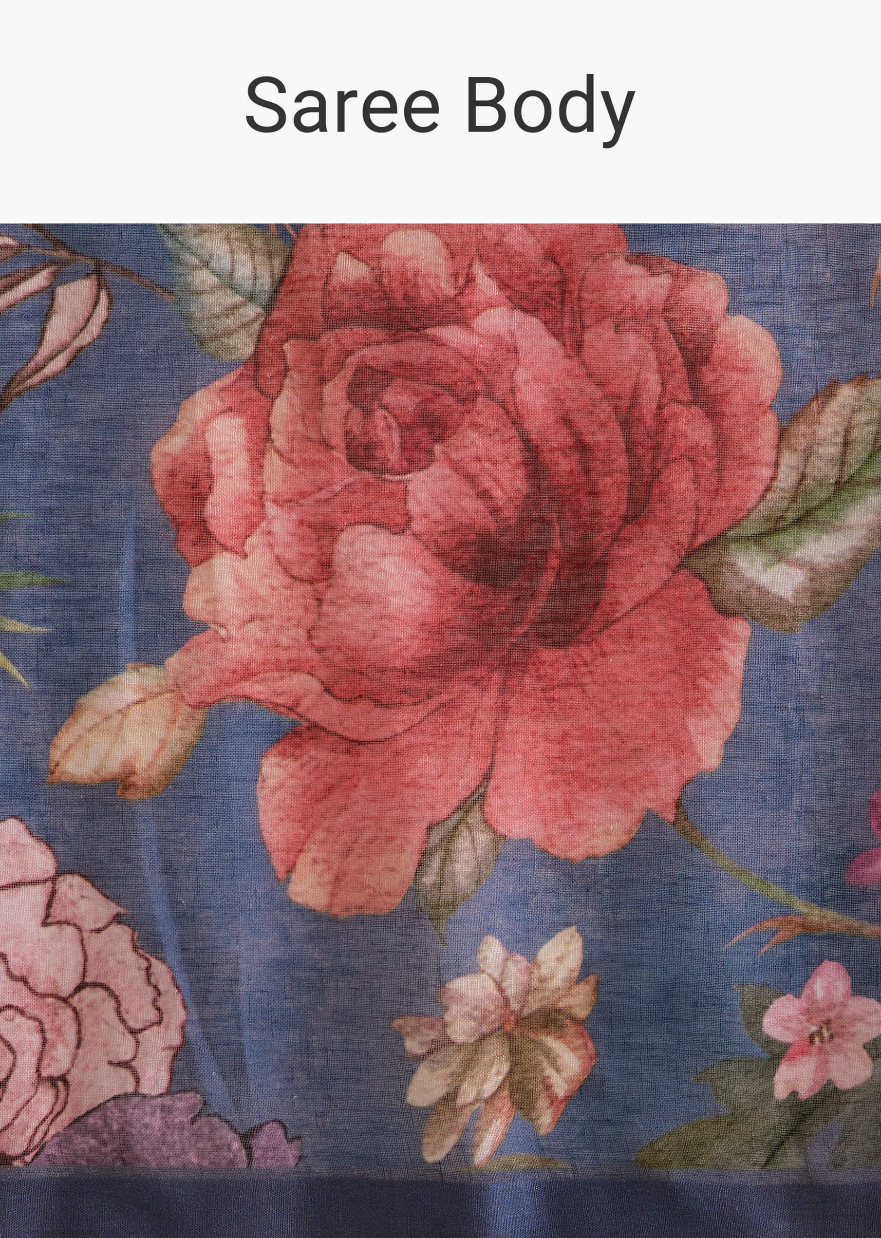 Blue Linen Saree With Botanical Floral Prints - Image 9