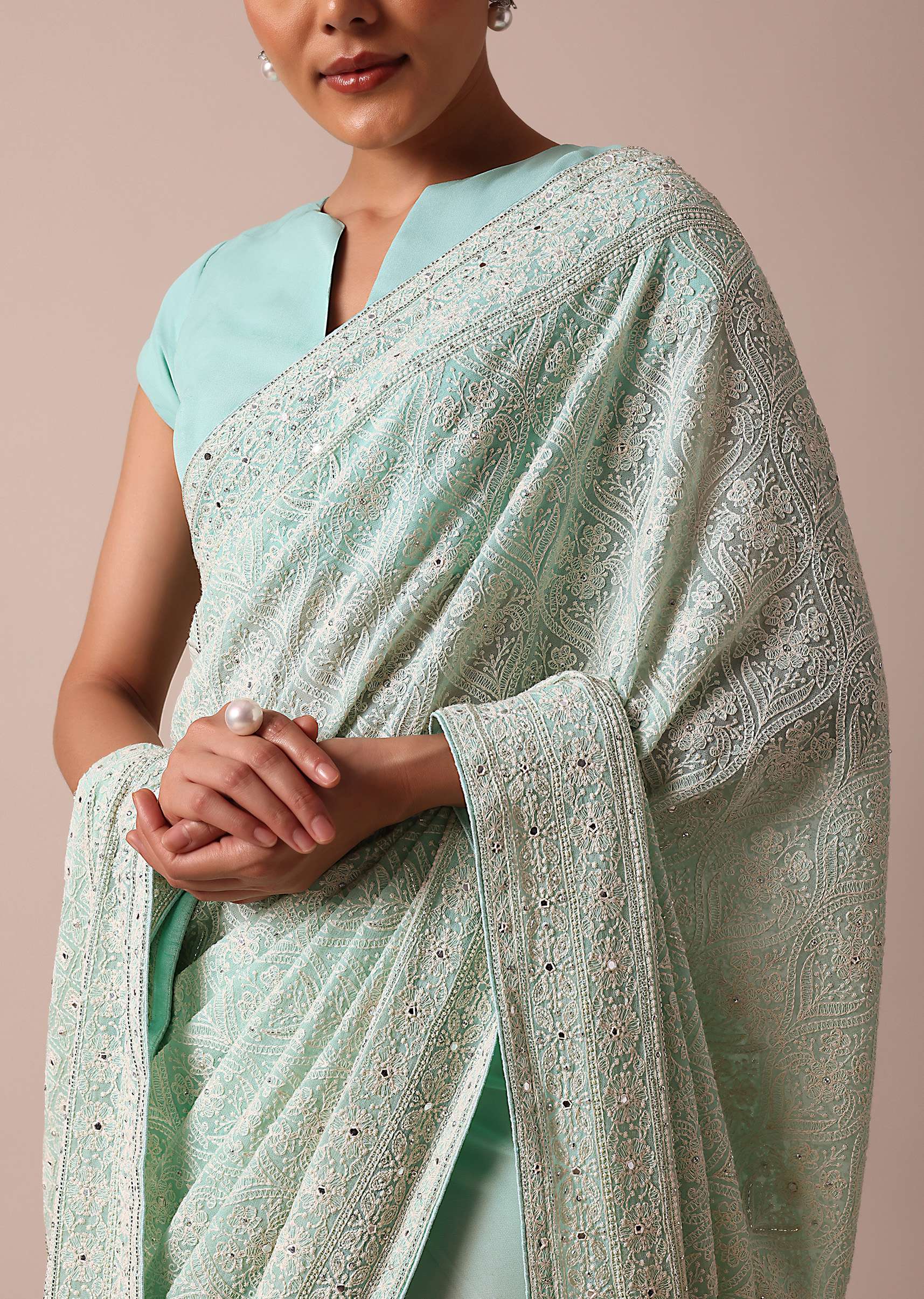 Blue Lucknowi Chikankari Saree With Sequin Work And Unstitched Blouse Piece - Image 5