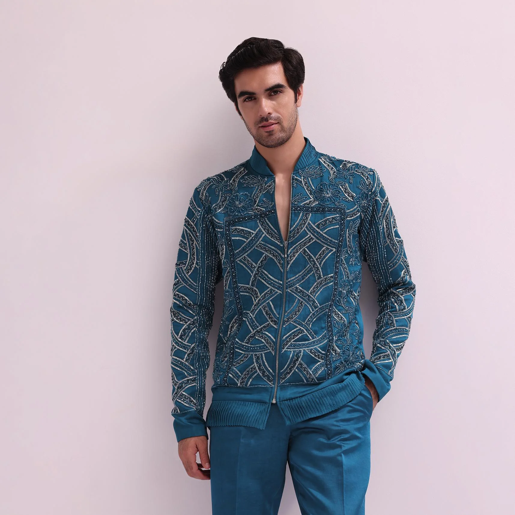 Blue Metallic Chain Bomber Jacket With Shirt And Pants - Image 5