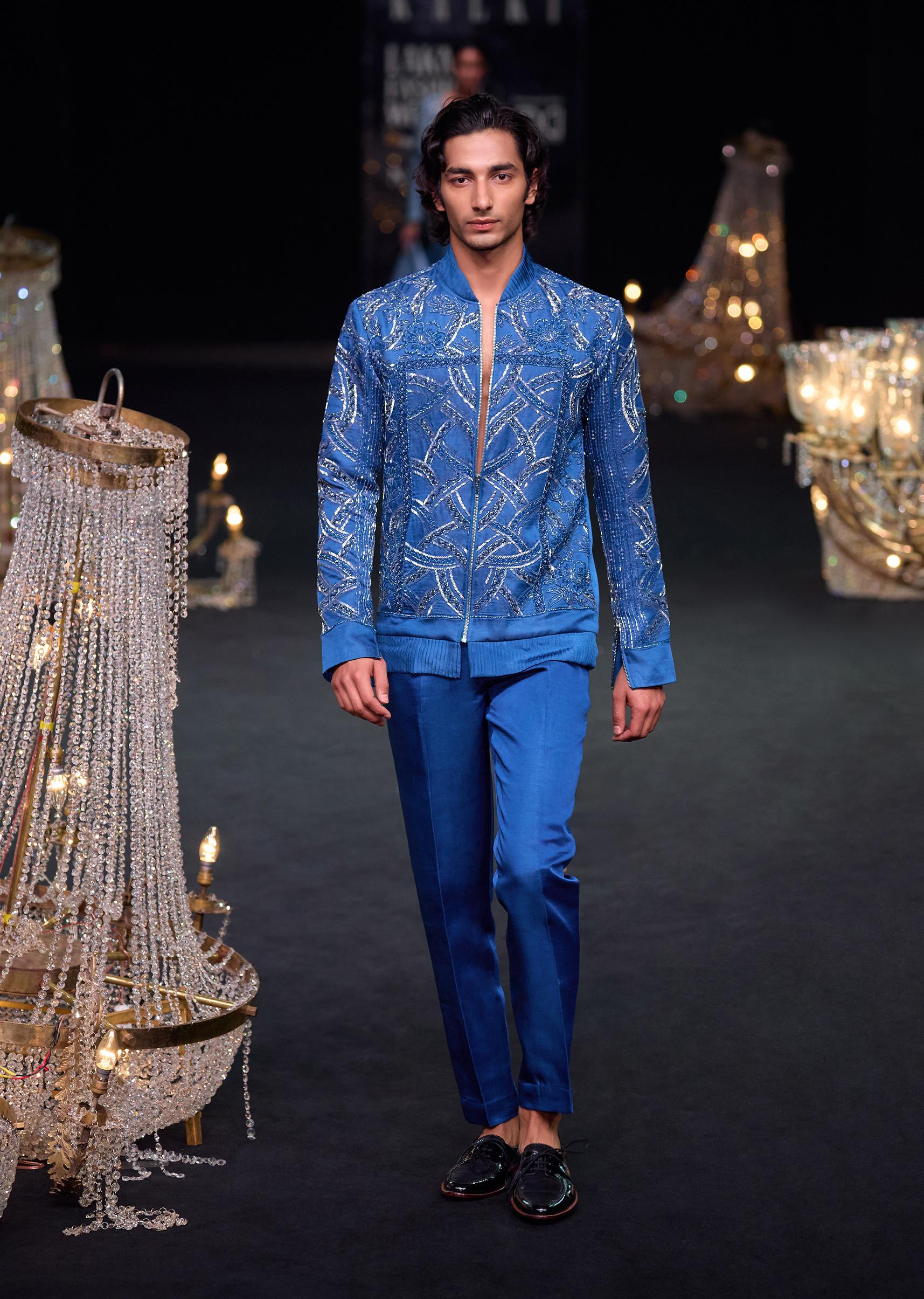 Blue Metallic Chain Bomber Jacket With Shirt And Pants - Image 7