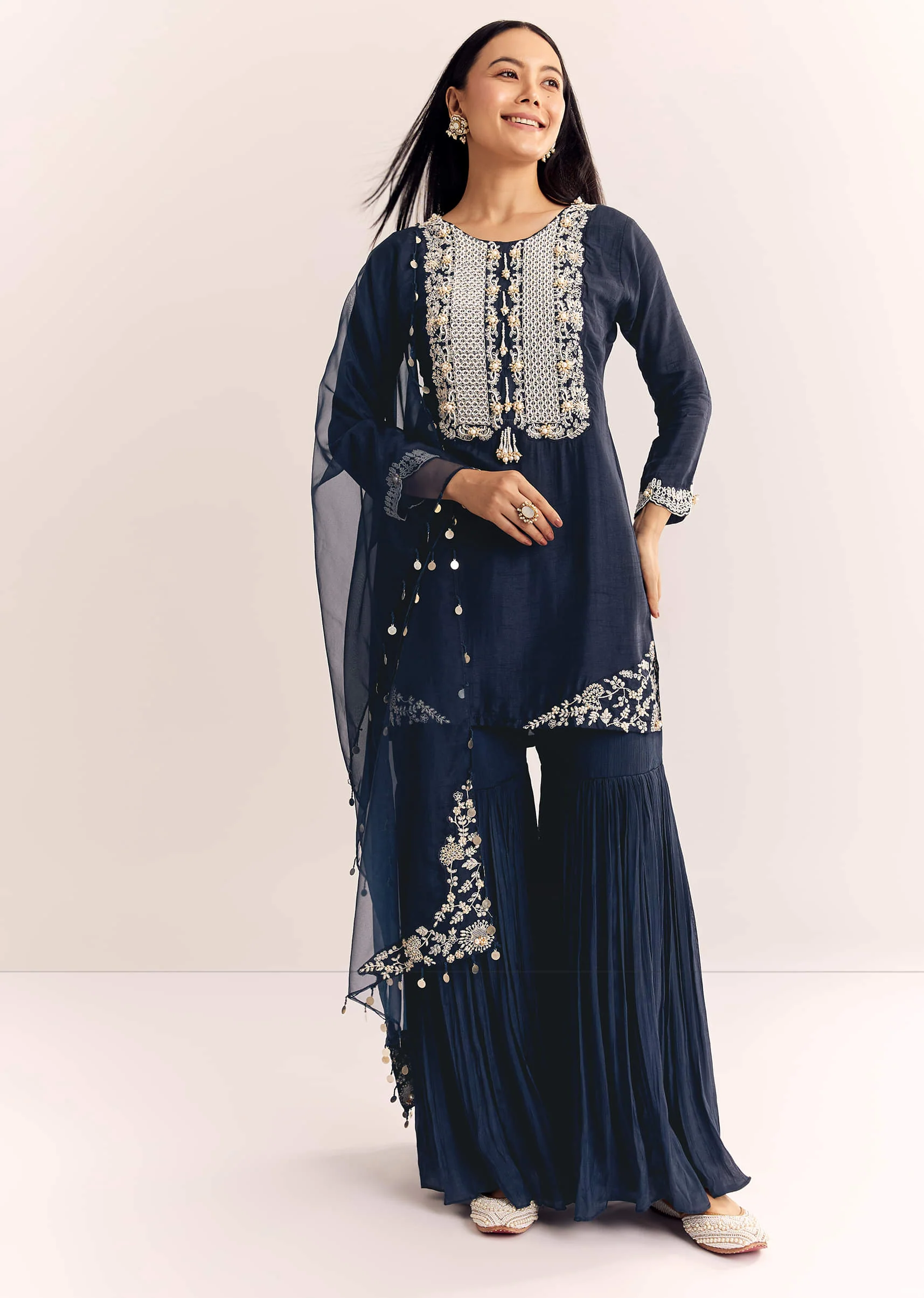 Blue Moti Threadwork Dola Silk Sharara Suit With Organza Dupatta - Image 3