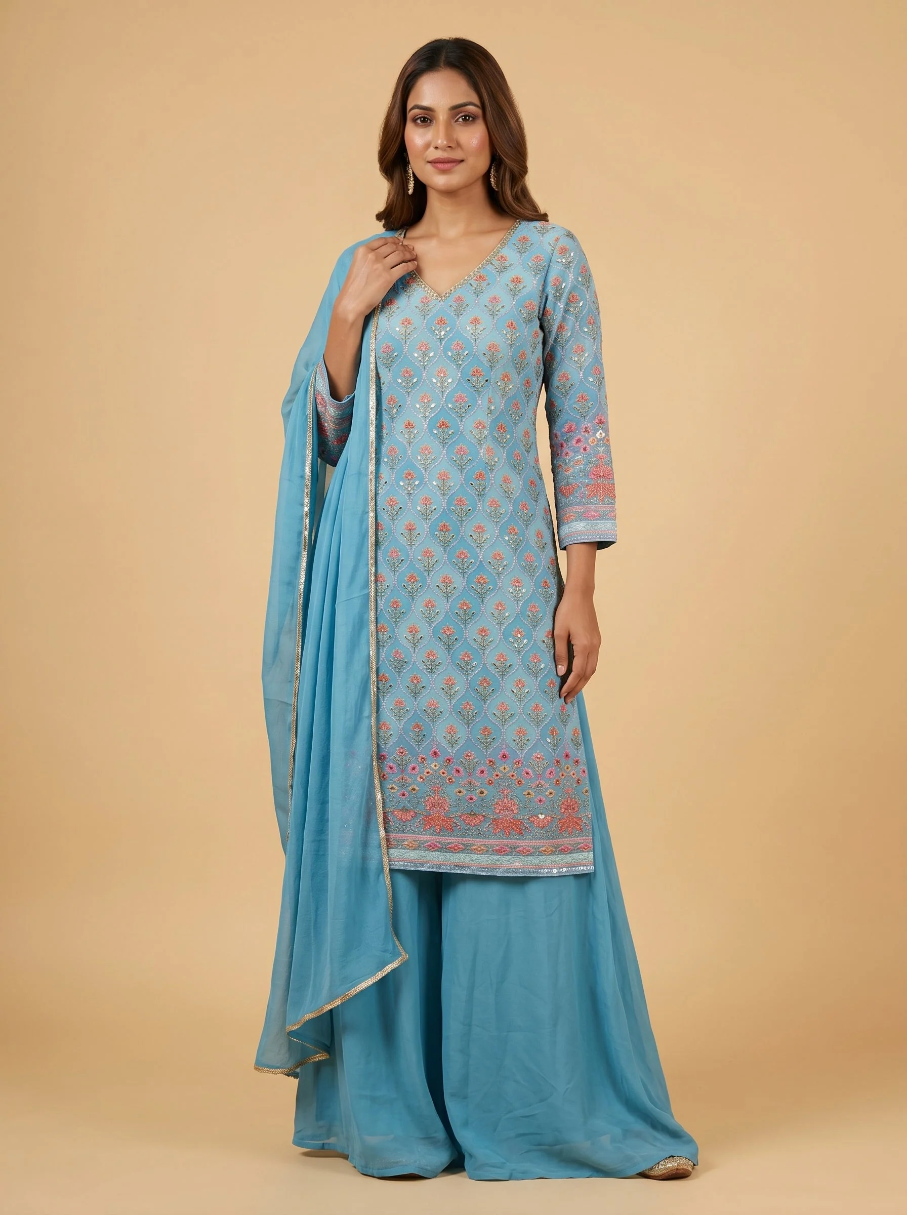 Blue Muslin Embroidered Palazzo Set