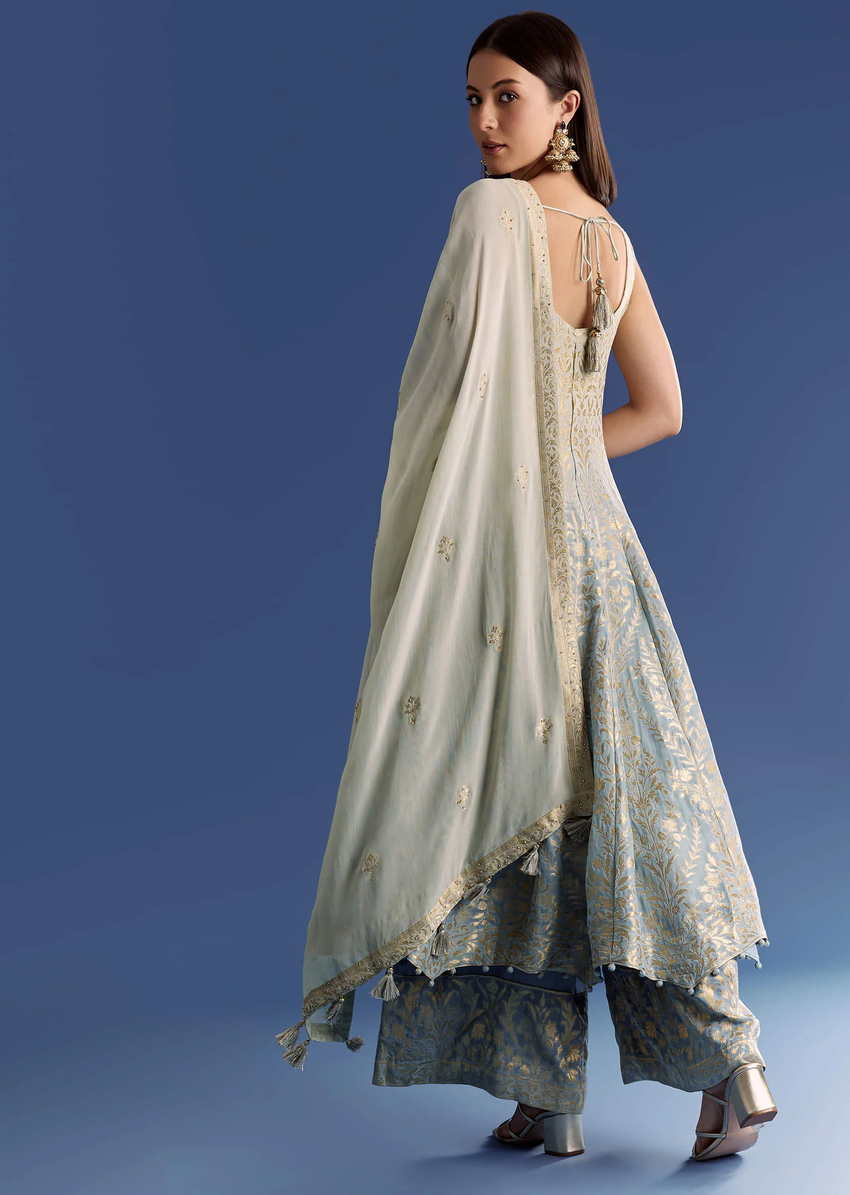 Blue Ombre Georgette Anarkali With Cutdana Neck And Zari Dupatta - Image 5