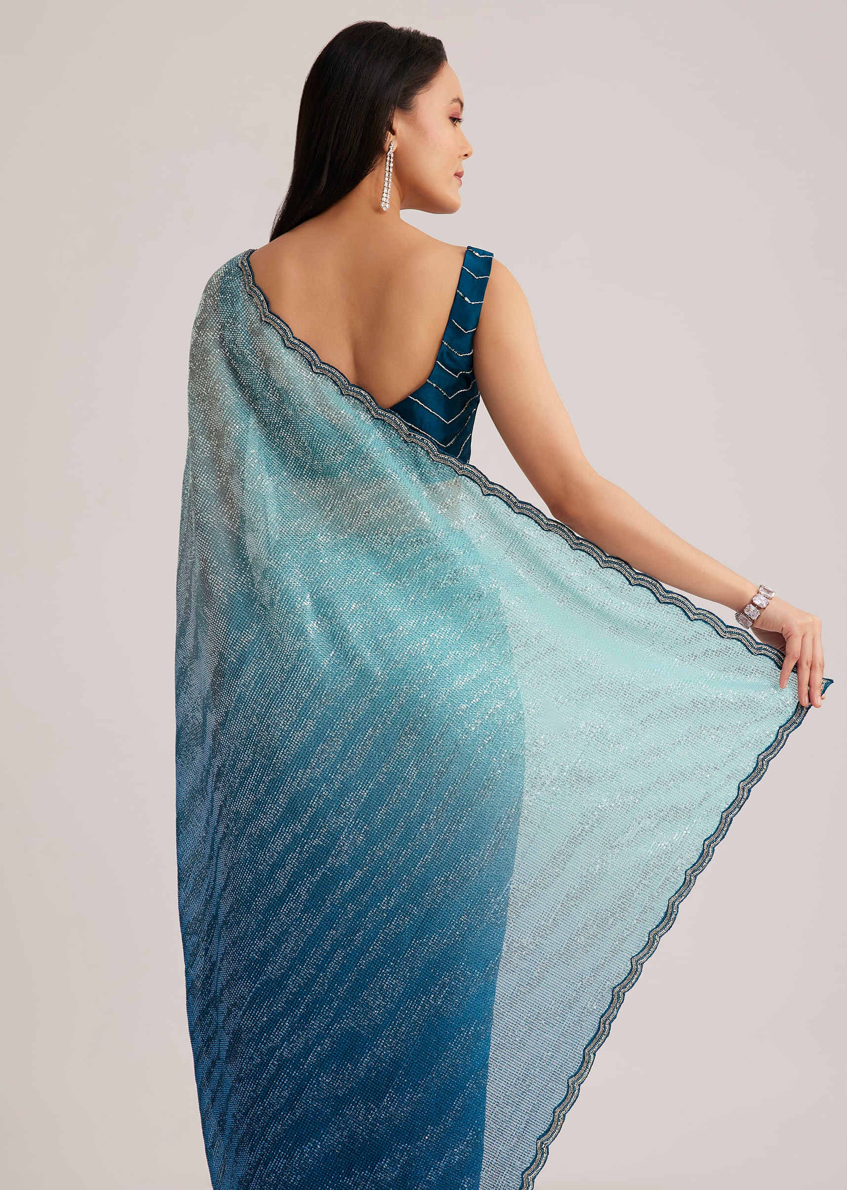Blue Ombre Half And Half Sequins Saree - Image 6