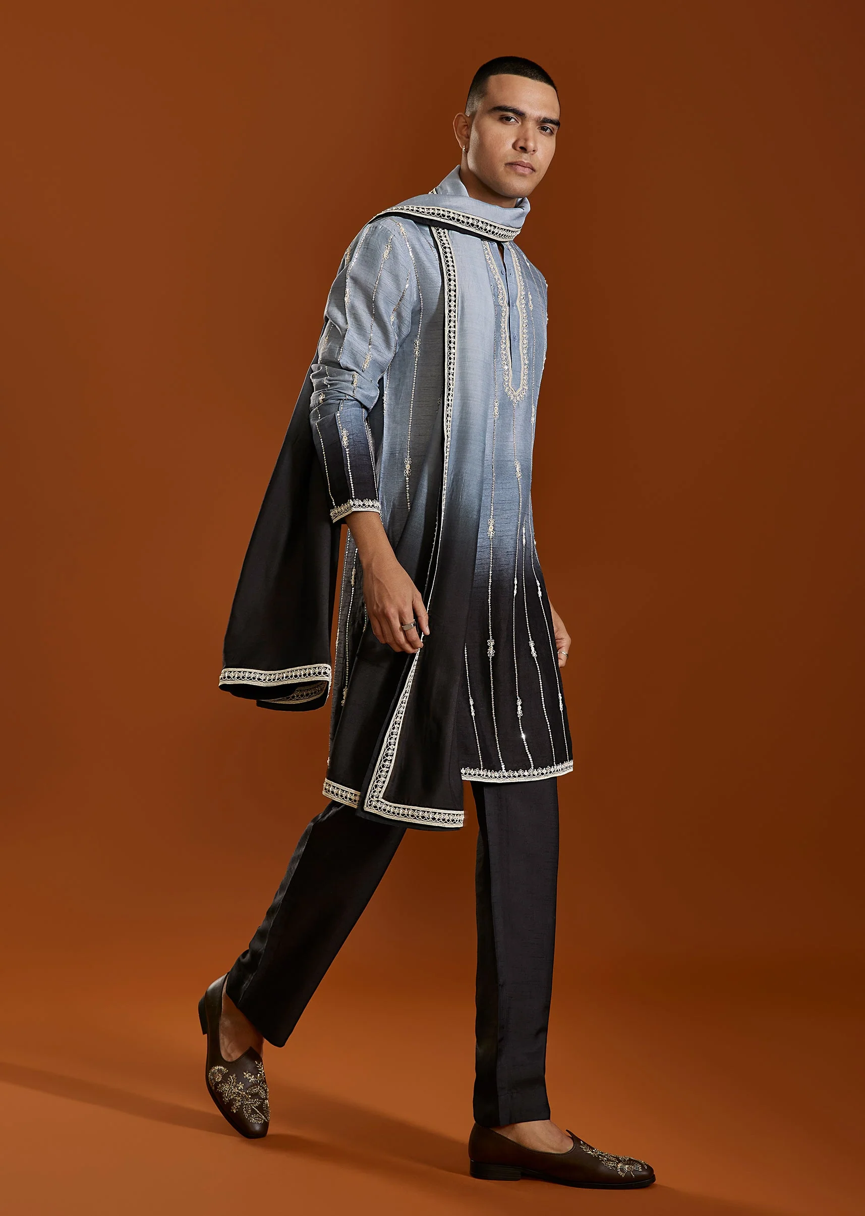 Blue Ombre Hand Embroidered Kurta Set With Dupatta - Image 4