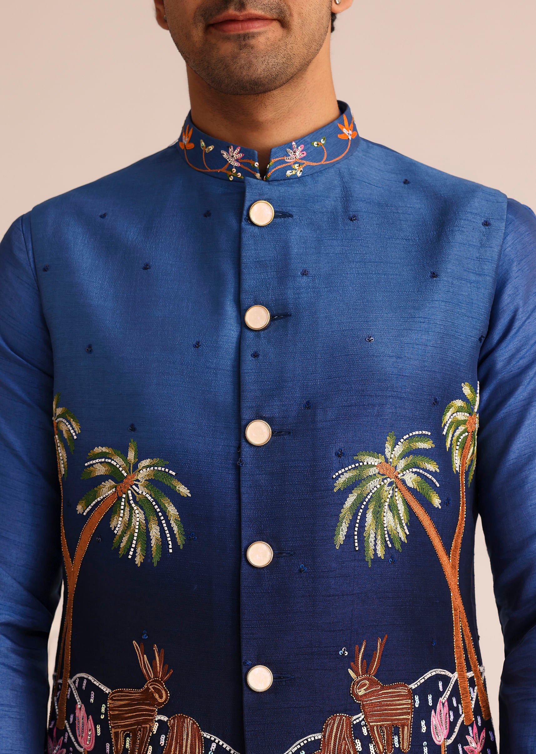 Blue Ombre Silk Jacket Set With Artistic Detailing - Image 2