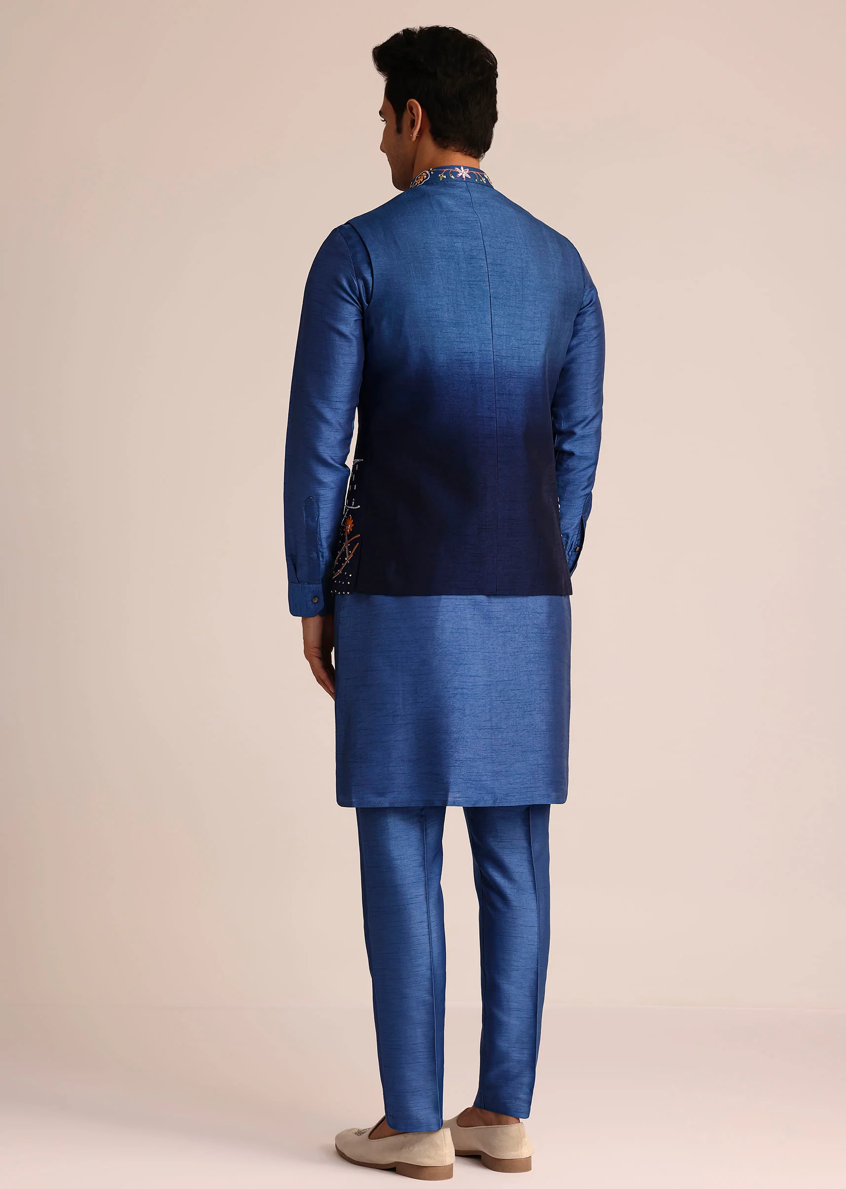Blue Ombre Silk Jacket Set With Artistic Detailing - Image 5