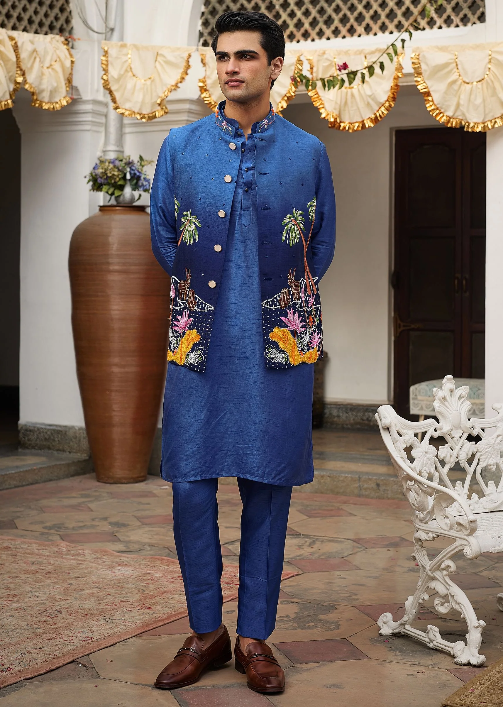 Blue Ombre Silk Jacket Set With Artistic Detailing - Image 8