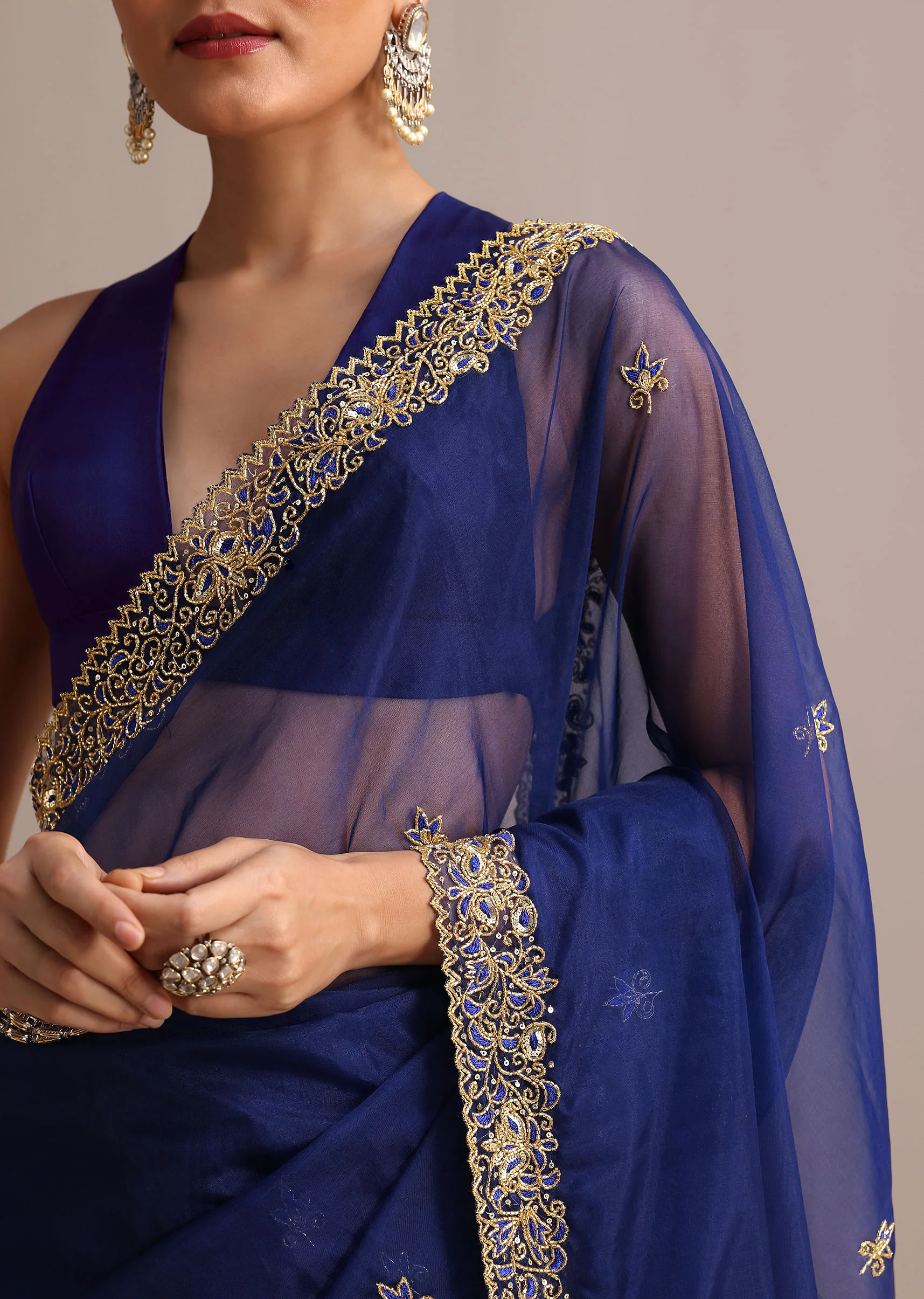 Blue Organza Cutdana Embroidered Saree With Unstitched Blouse - Image 2
