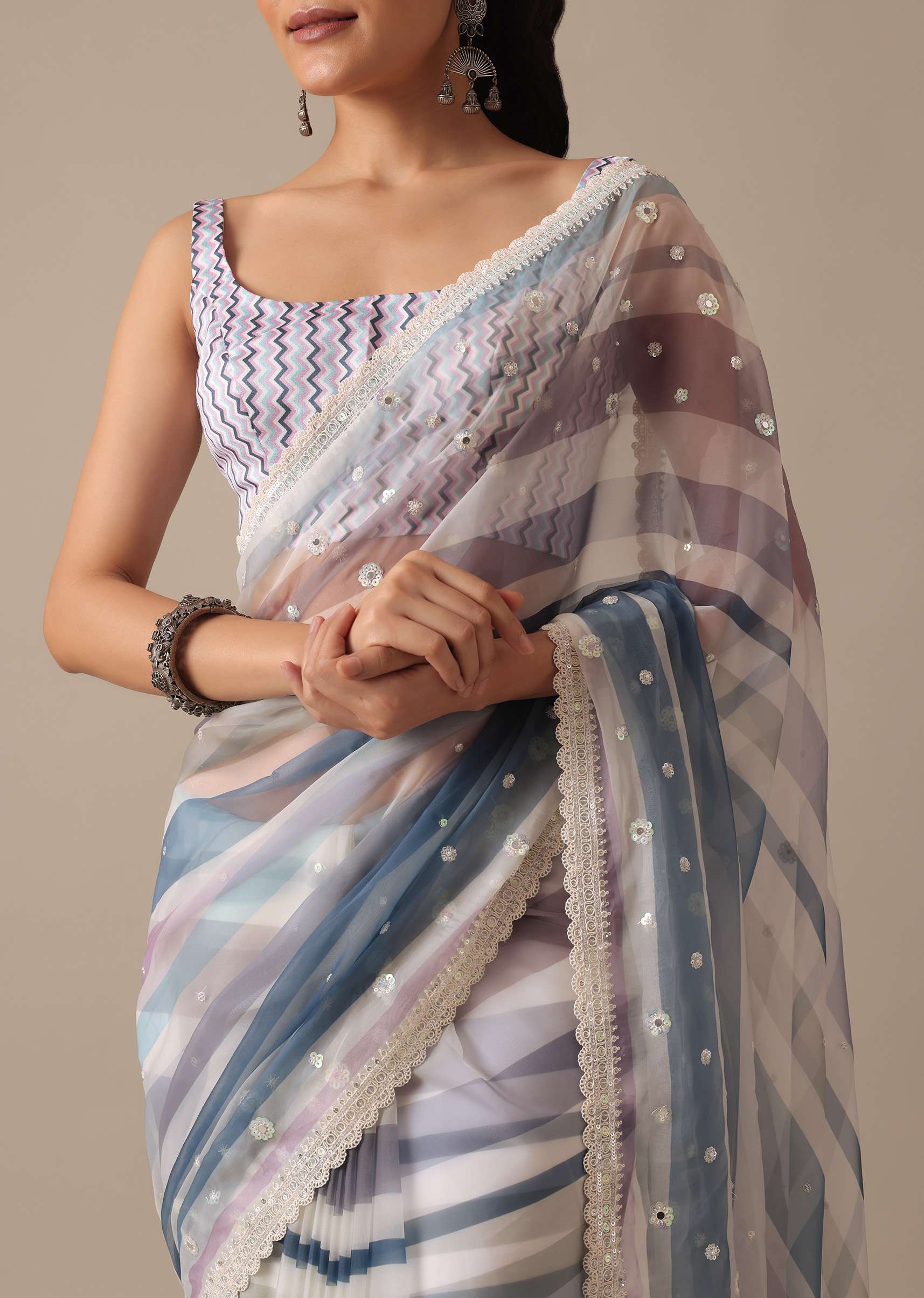 Blue Organza Striped Saree With Mirror Work And Unstitched Blouse Piece - Image 5