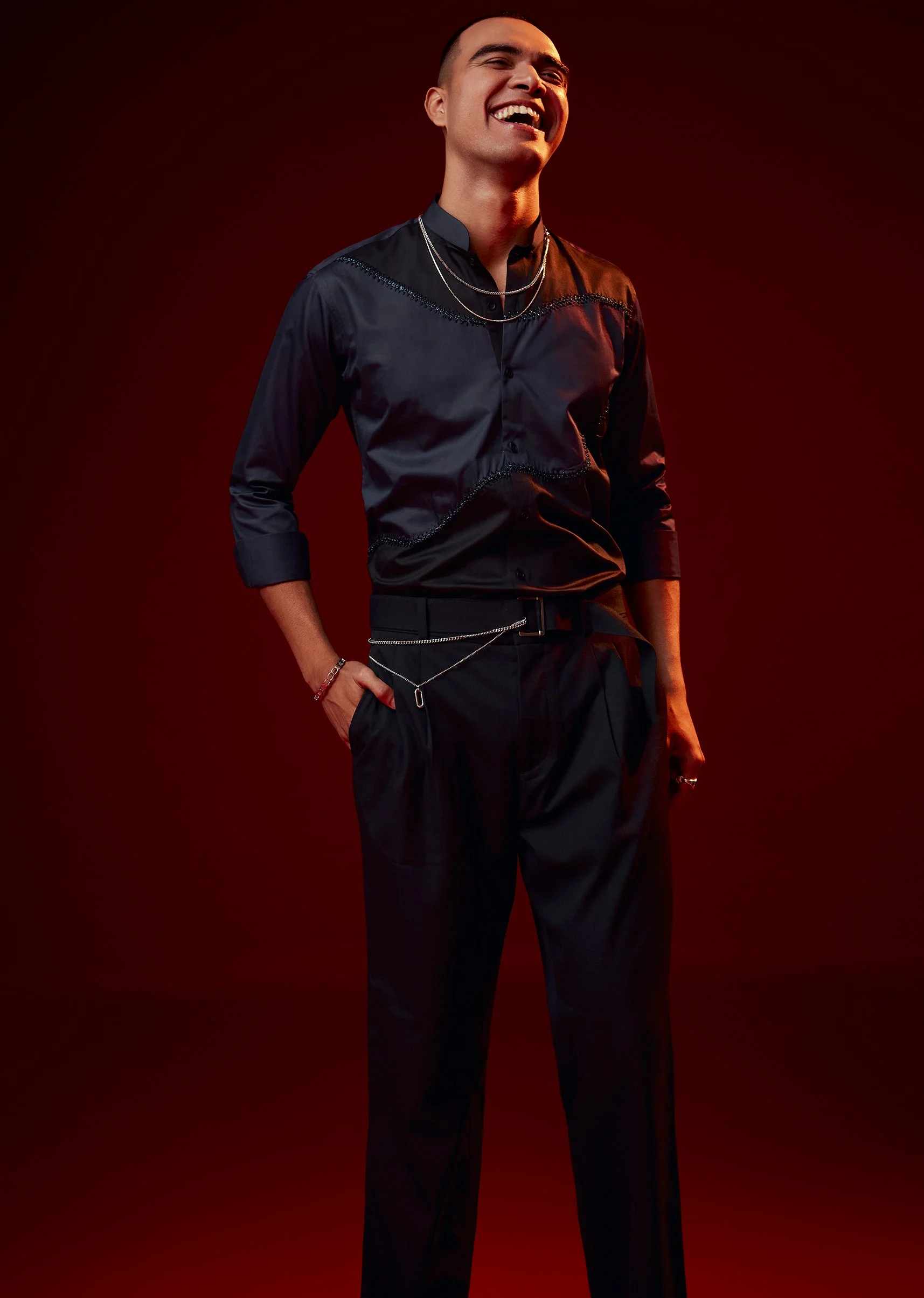 Blue Patch Work Embellished Mandarin Collar Shirt