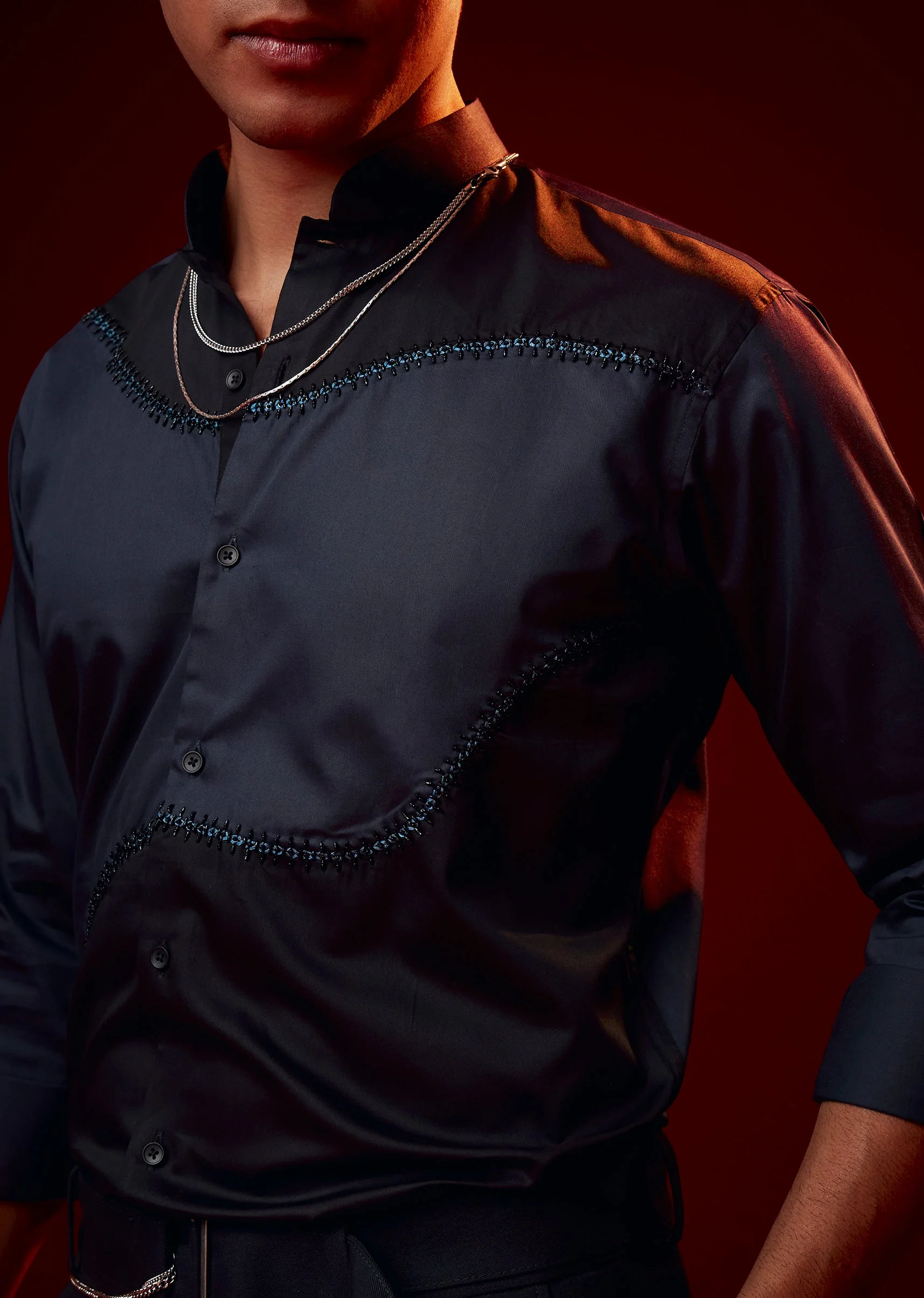 Blue Patch Work Embellished Mandarin Collar Shirt - Image 2