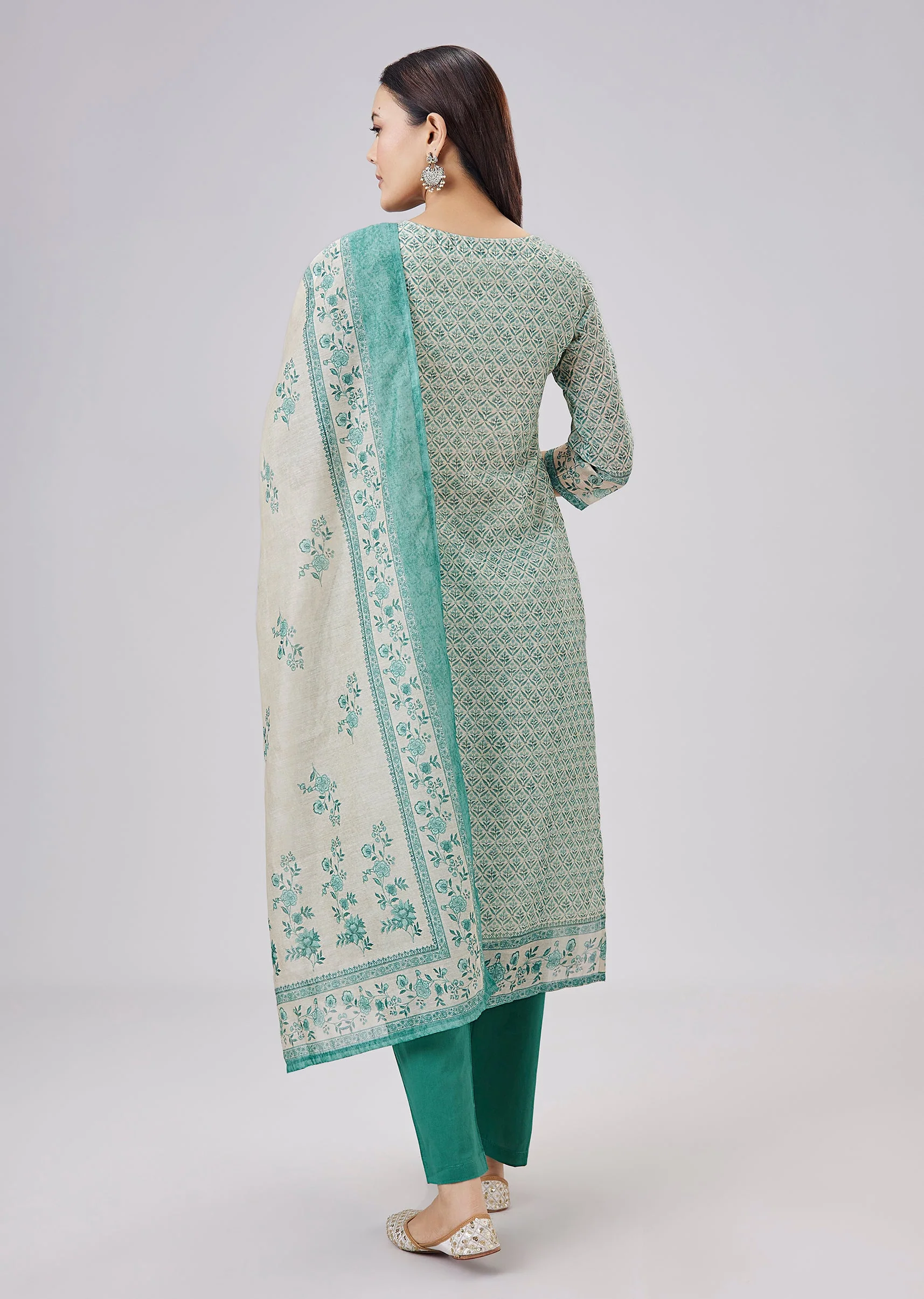 Blue Printed Linen Kurta Set With Dupatta - Image 5