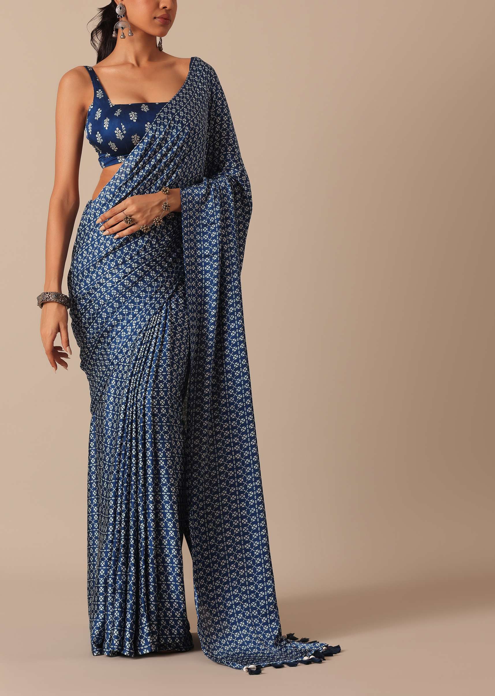Blue Printed Saree In Satin With Tassel Pallu And Unstitched Blouse Piece - Image 7