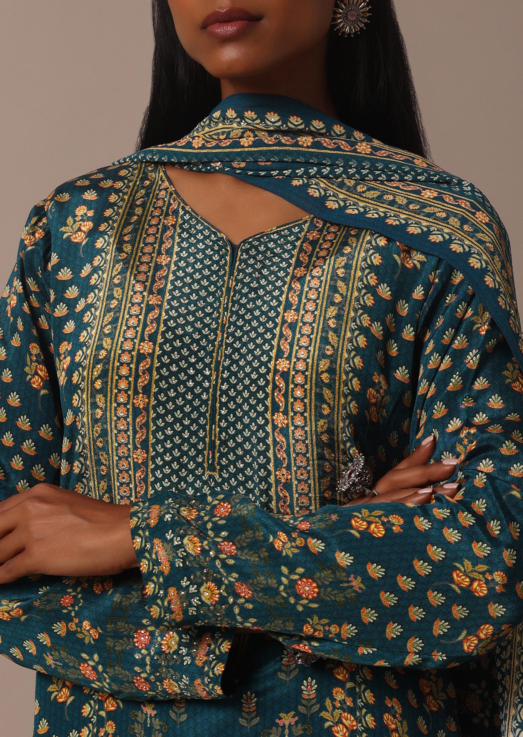 Blue Printed With Stone Detail Kurta Palazzo Set - Image 2