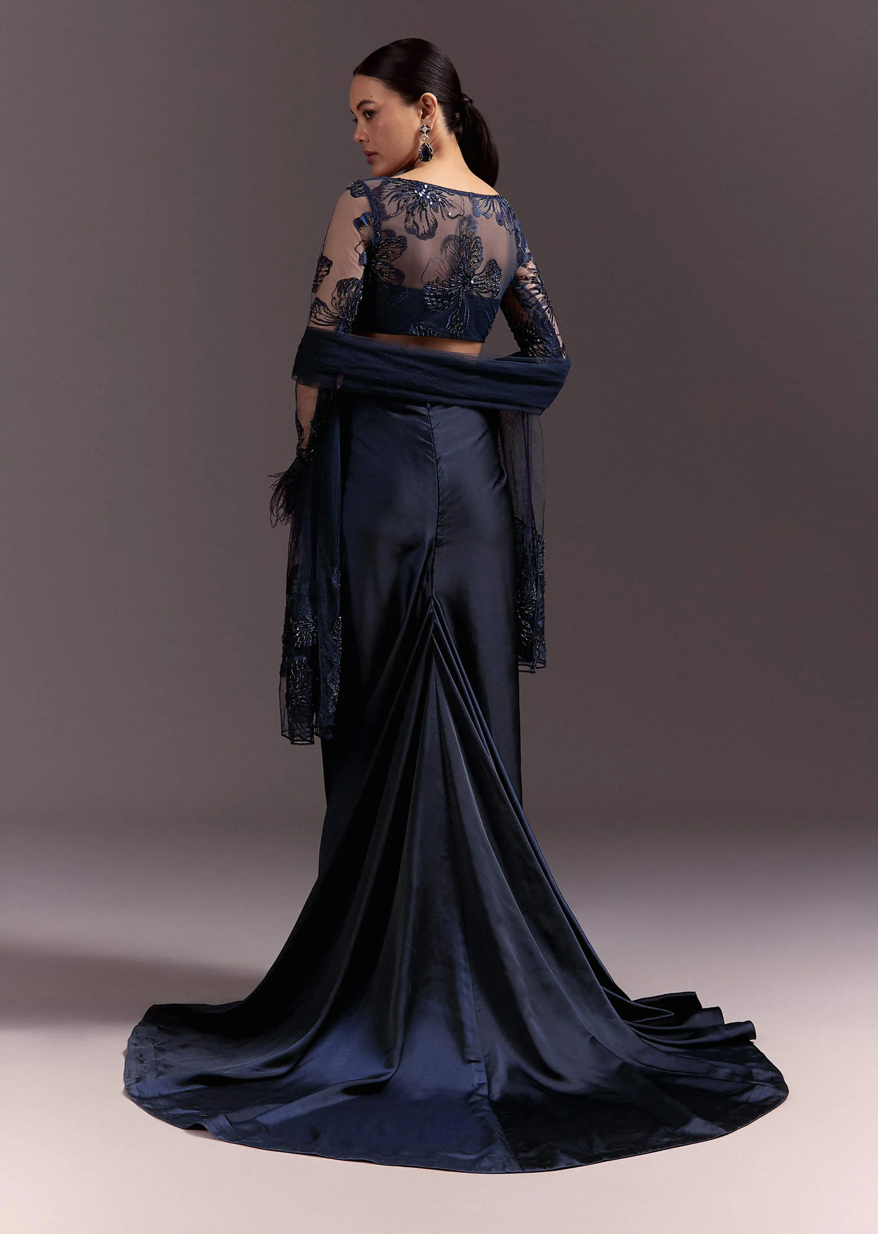 Blue Ready To Wear Saree With Full Sleeve Net Blouse - Image 5