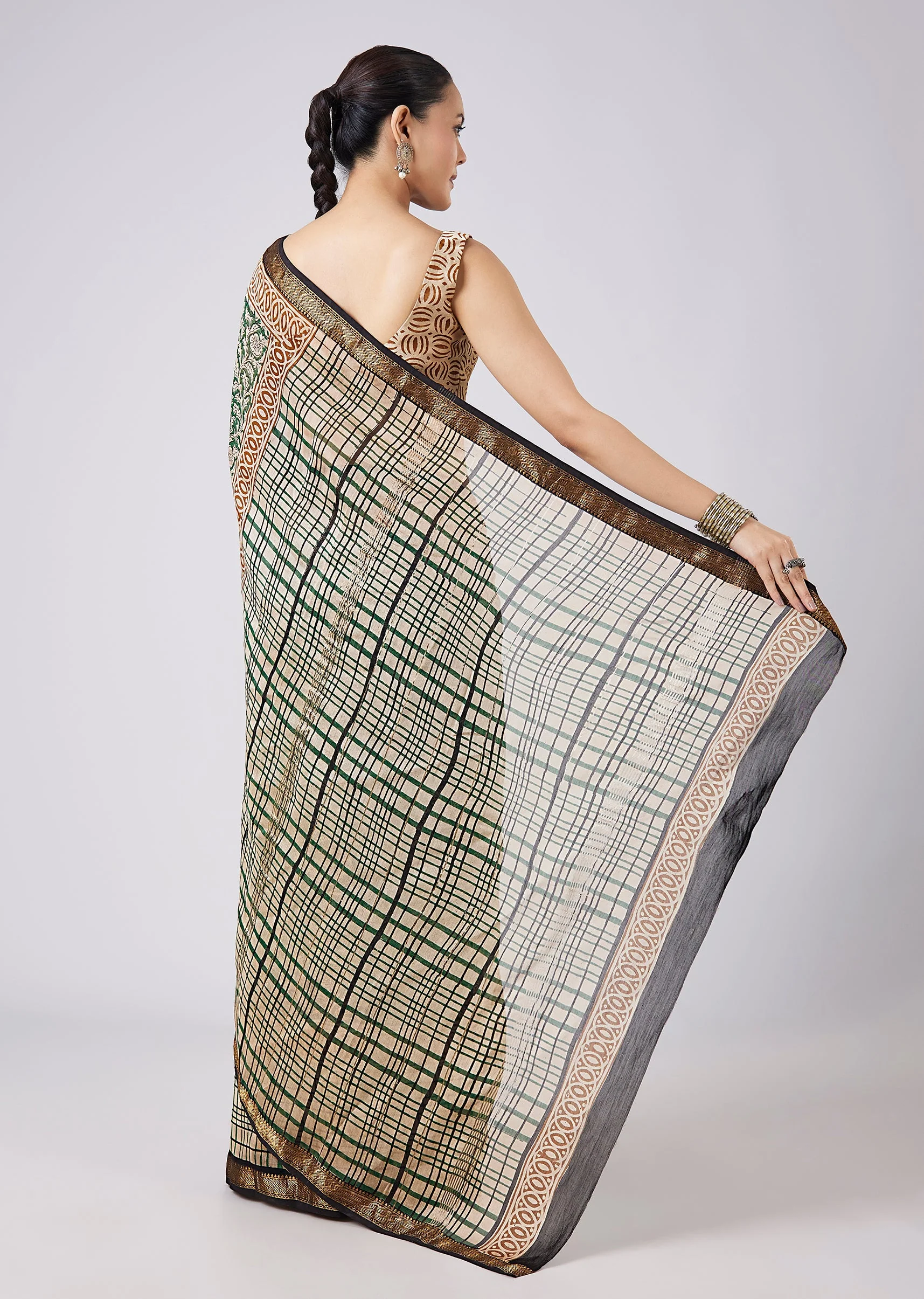 Blue Saree with Block Print Motifs and Unstitched Blouse - Image 4