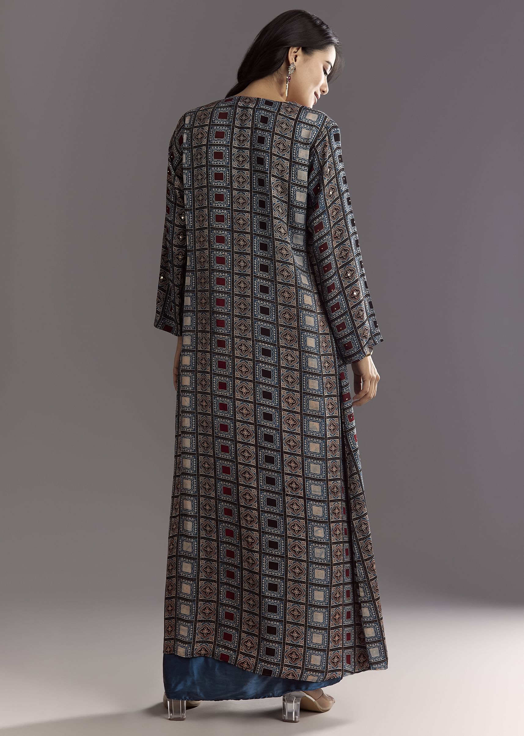 Blue Satin Ajrakh Printed Indowestern Croptop Jacket With Mirror Work - Image 6